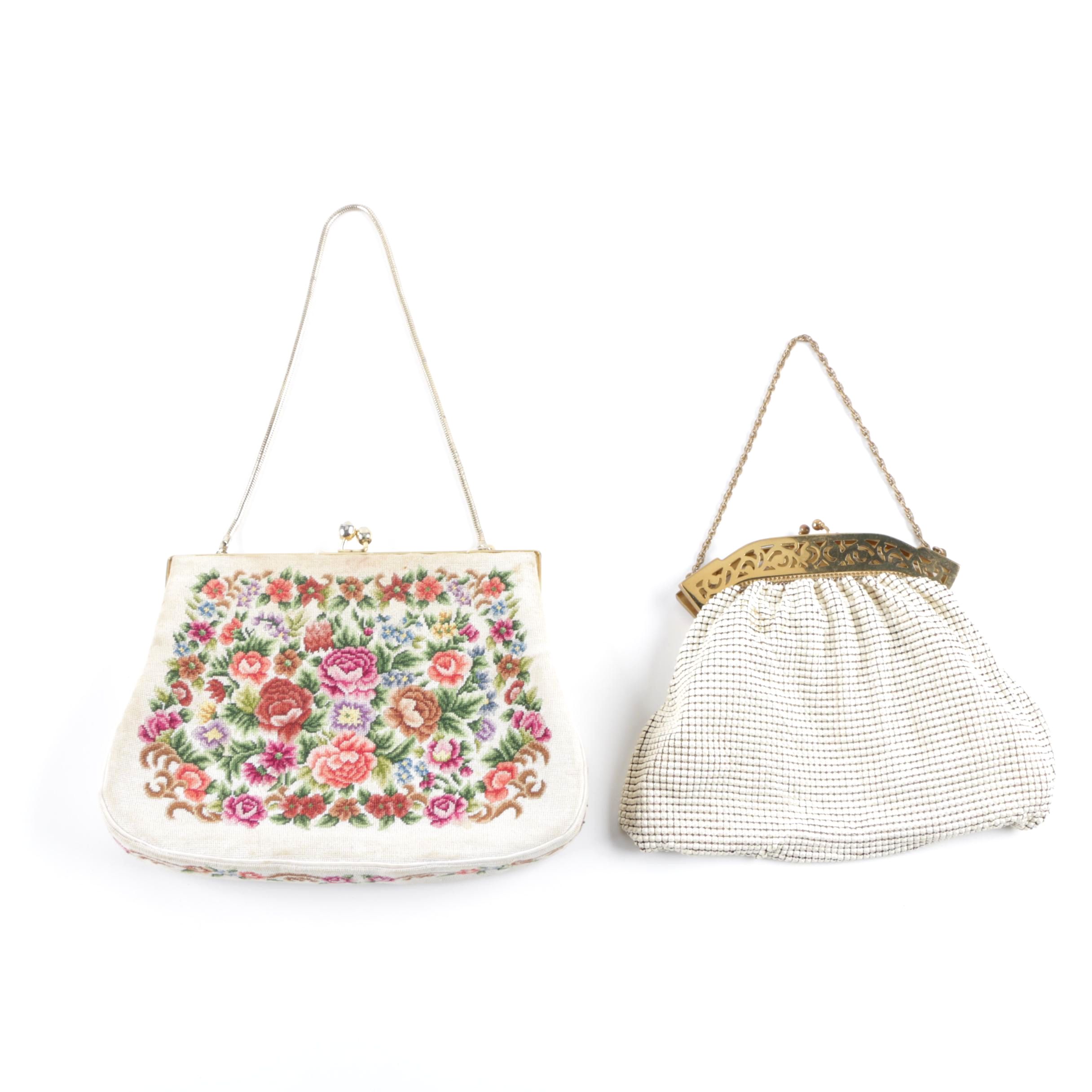 Vintage Floral Cross Stitch and Metal Mesh Evening Bags