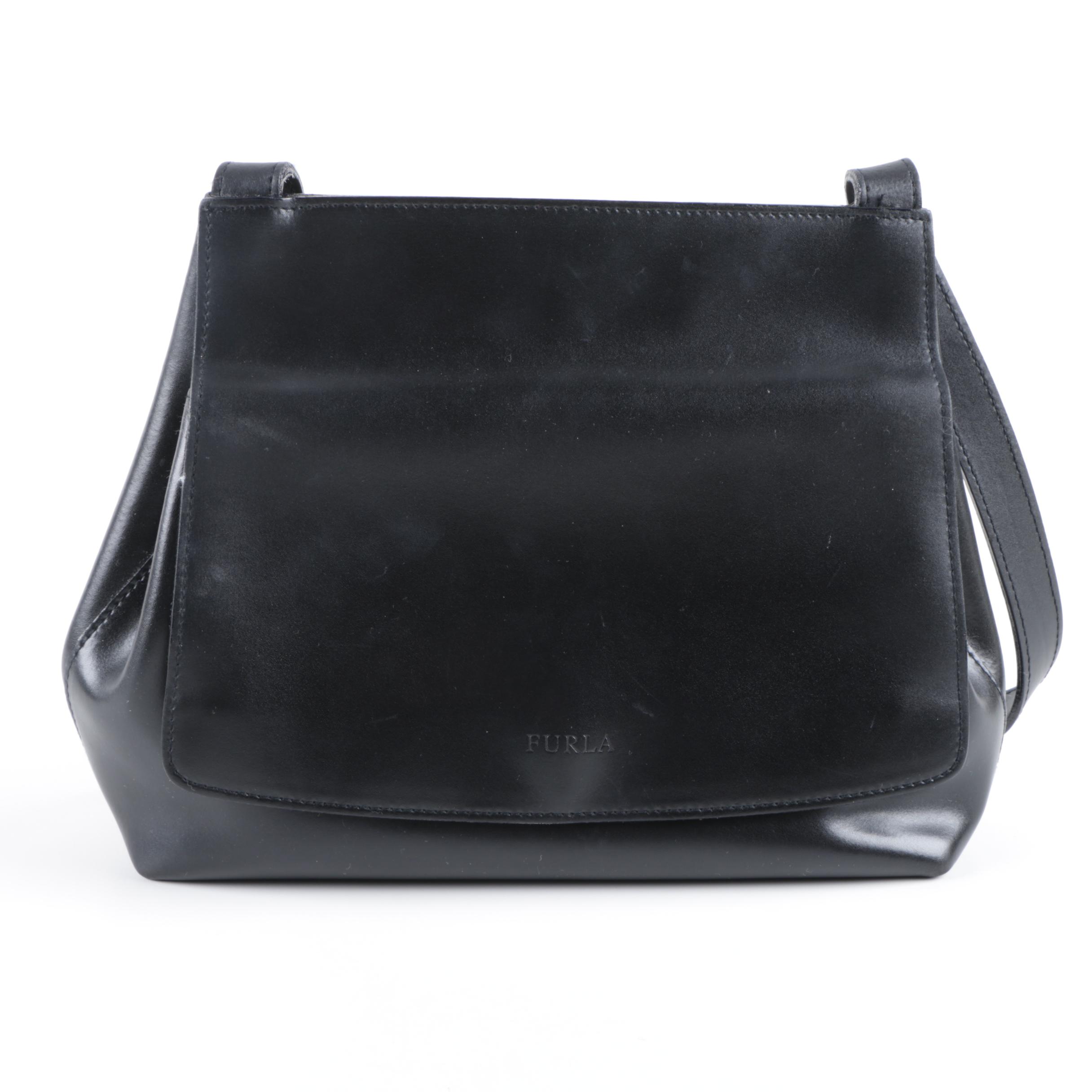 Furla Black Leather Flap Front Shoulder Bag
