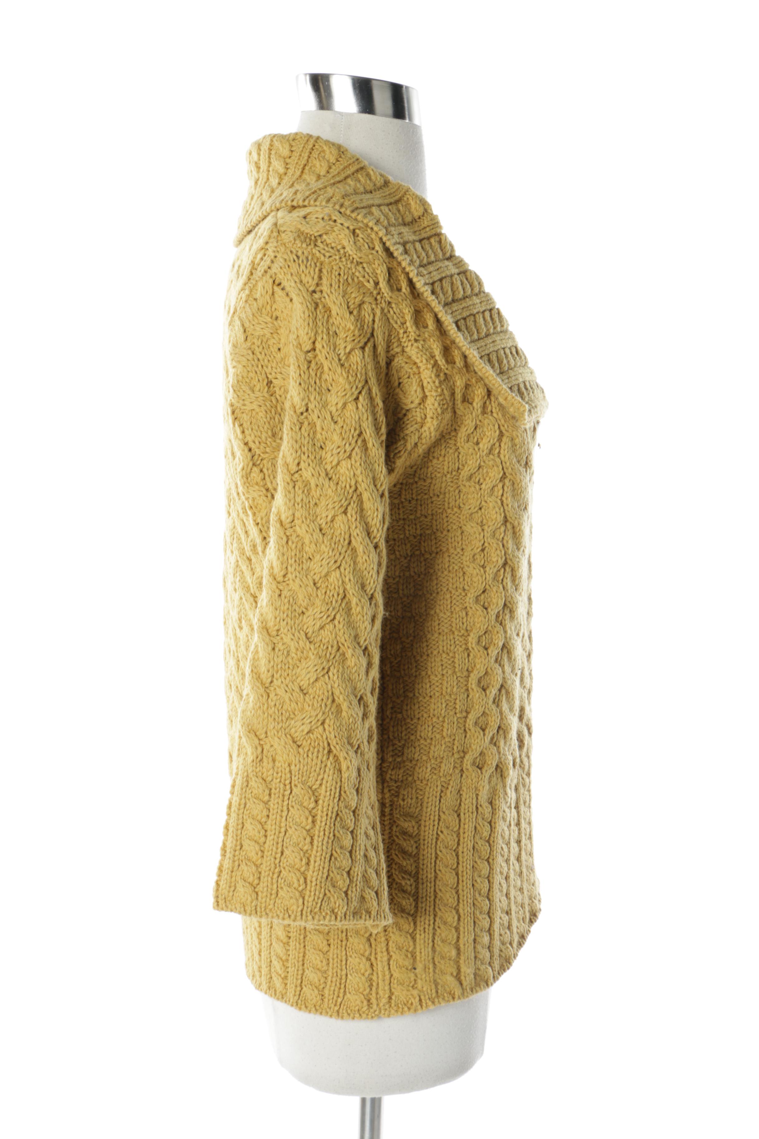 Women's Inis Crafts Golden Merino Wool Irish Cable Knit Cardigan Sweater