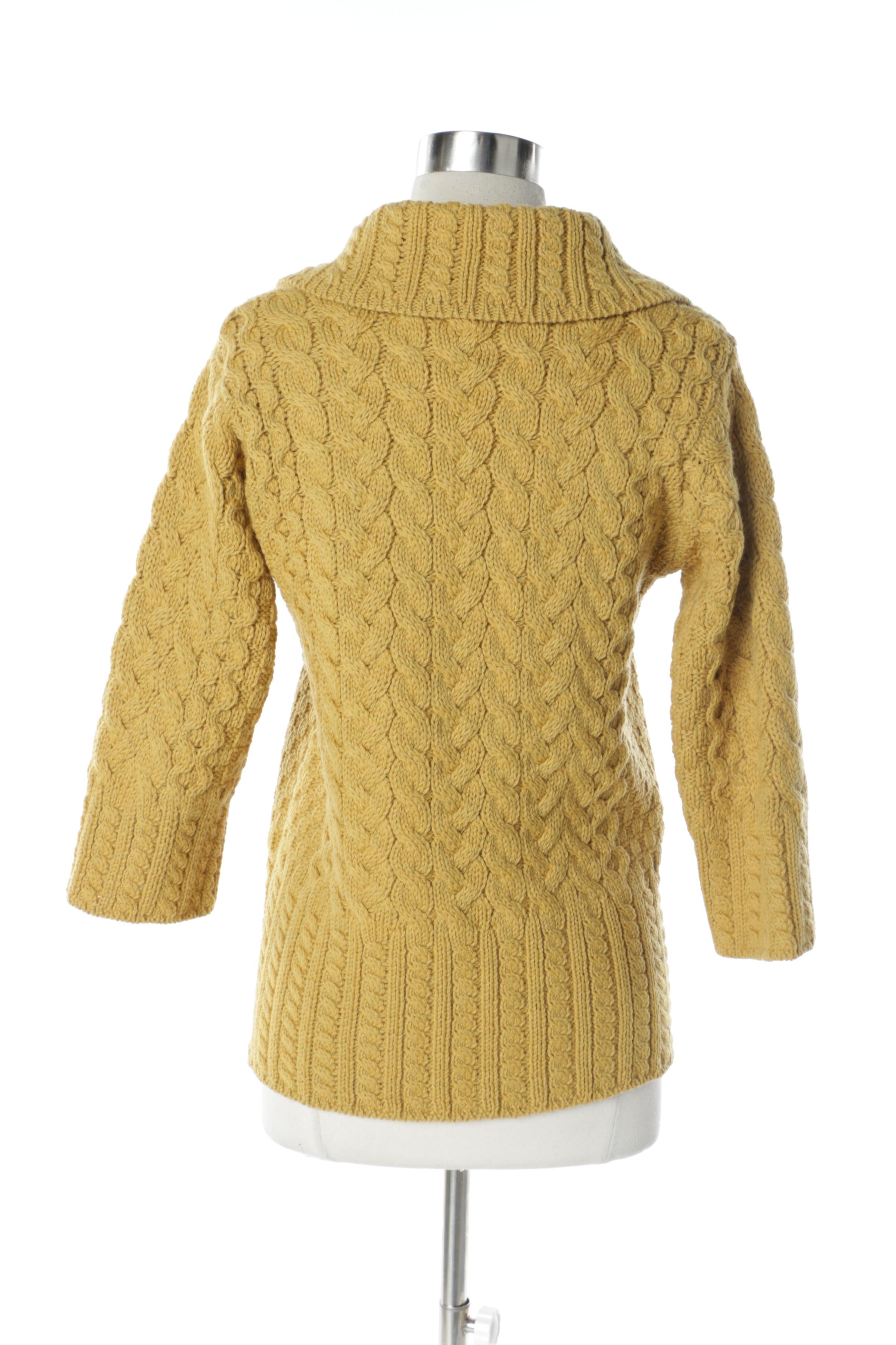 Women's Inis Crafts Golden Merino Wool Irish Cable Knit Cardigan Sweater