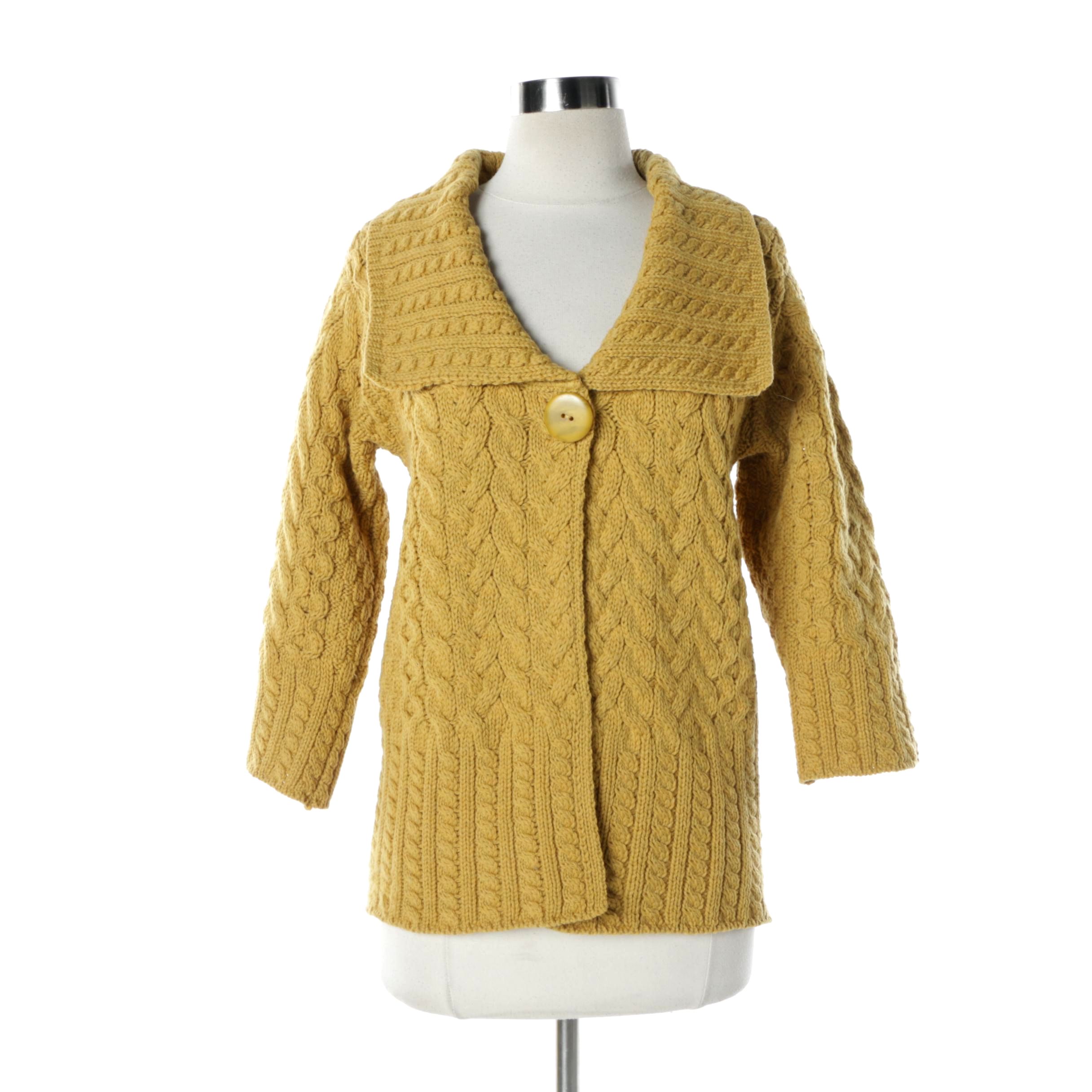 Women's Inis Crafts Golden Merino Wool Irish Cable Knit Cardigan Sweater