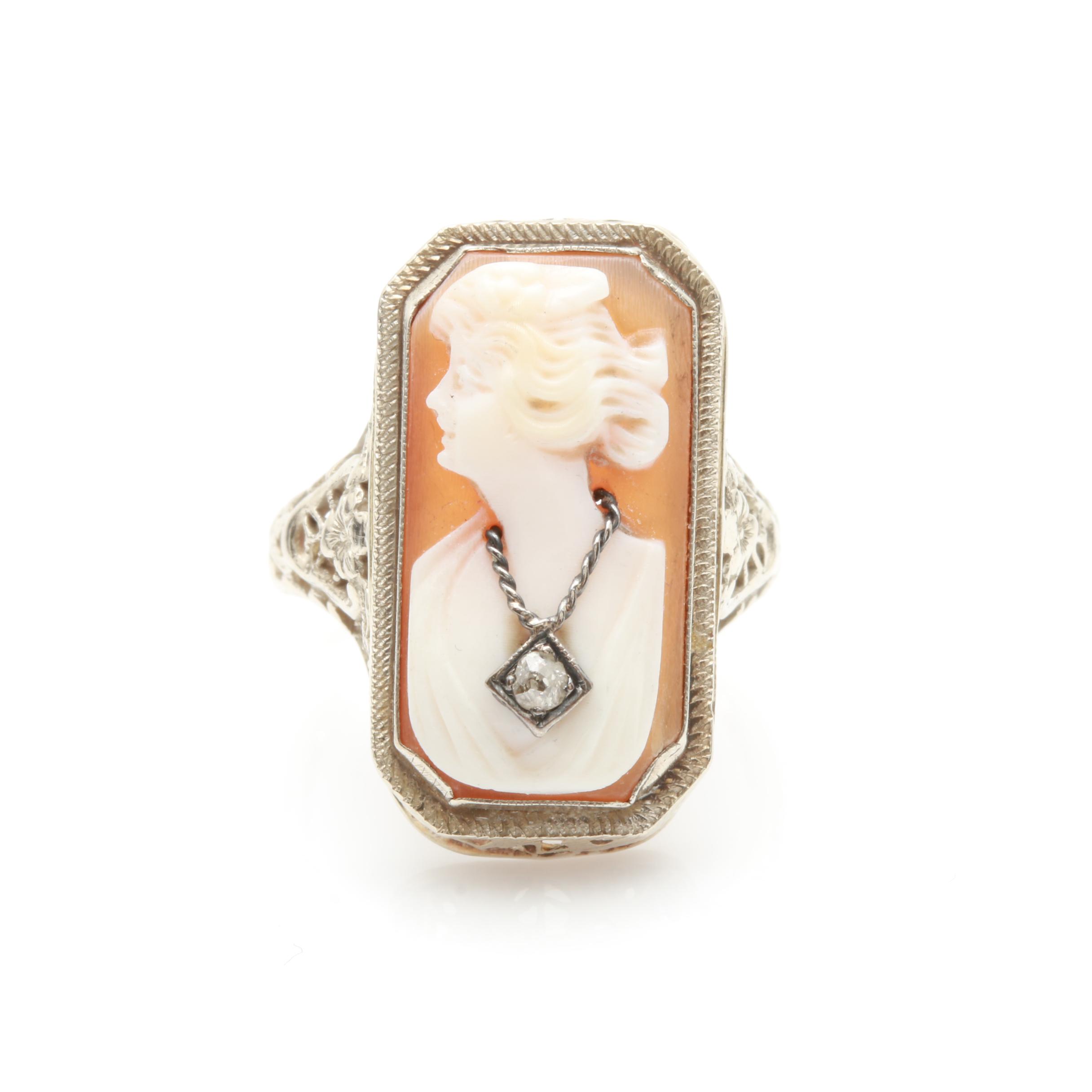 14K White Gold Helmet Shell and Diamond Cameo Habillé Ring