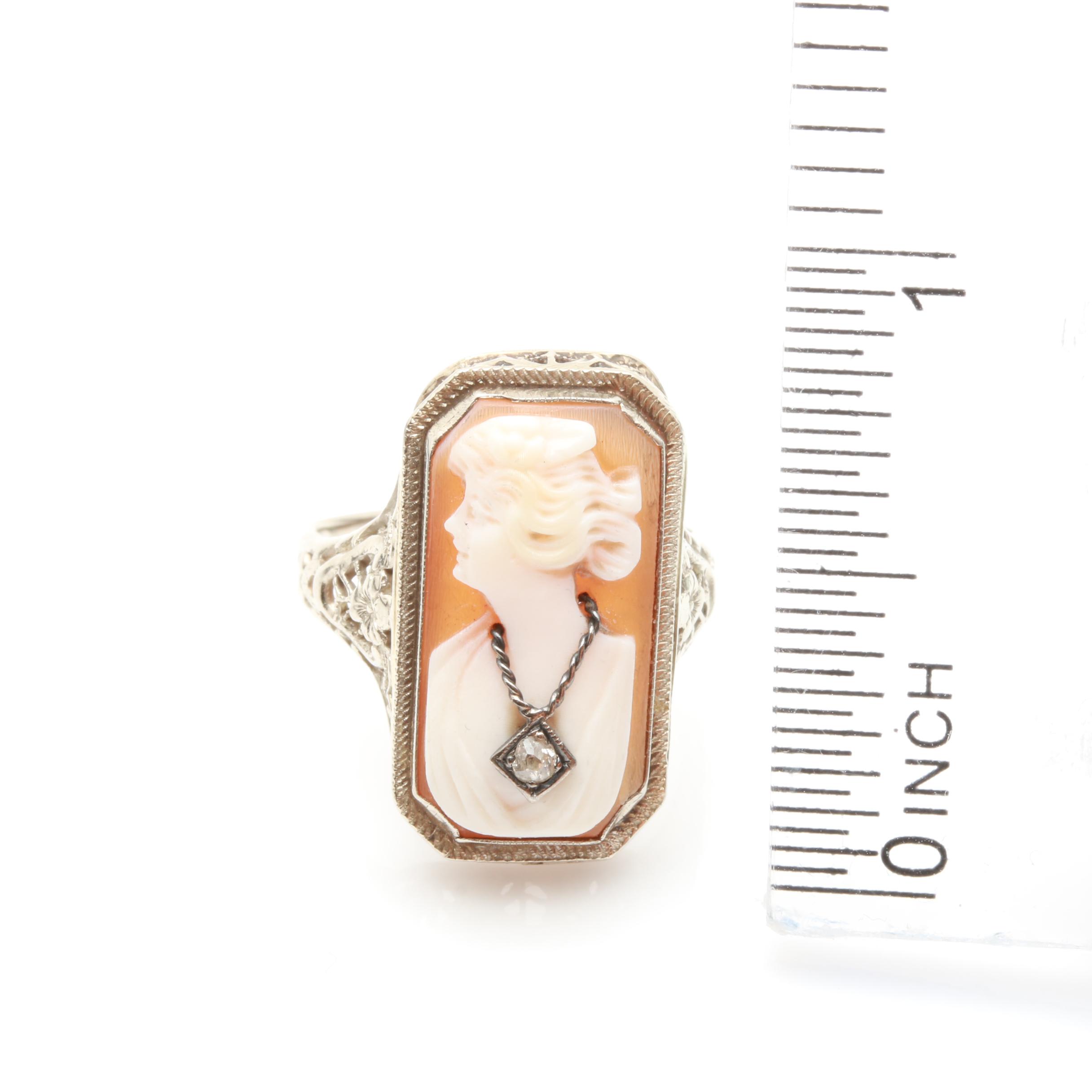 14K White Gold Helmet Shell and Diamond Cameo Habillé Ring