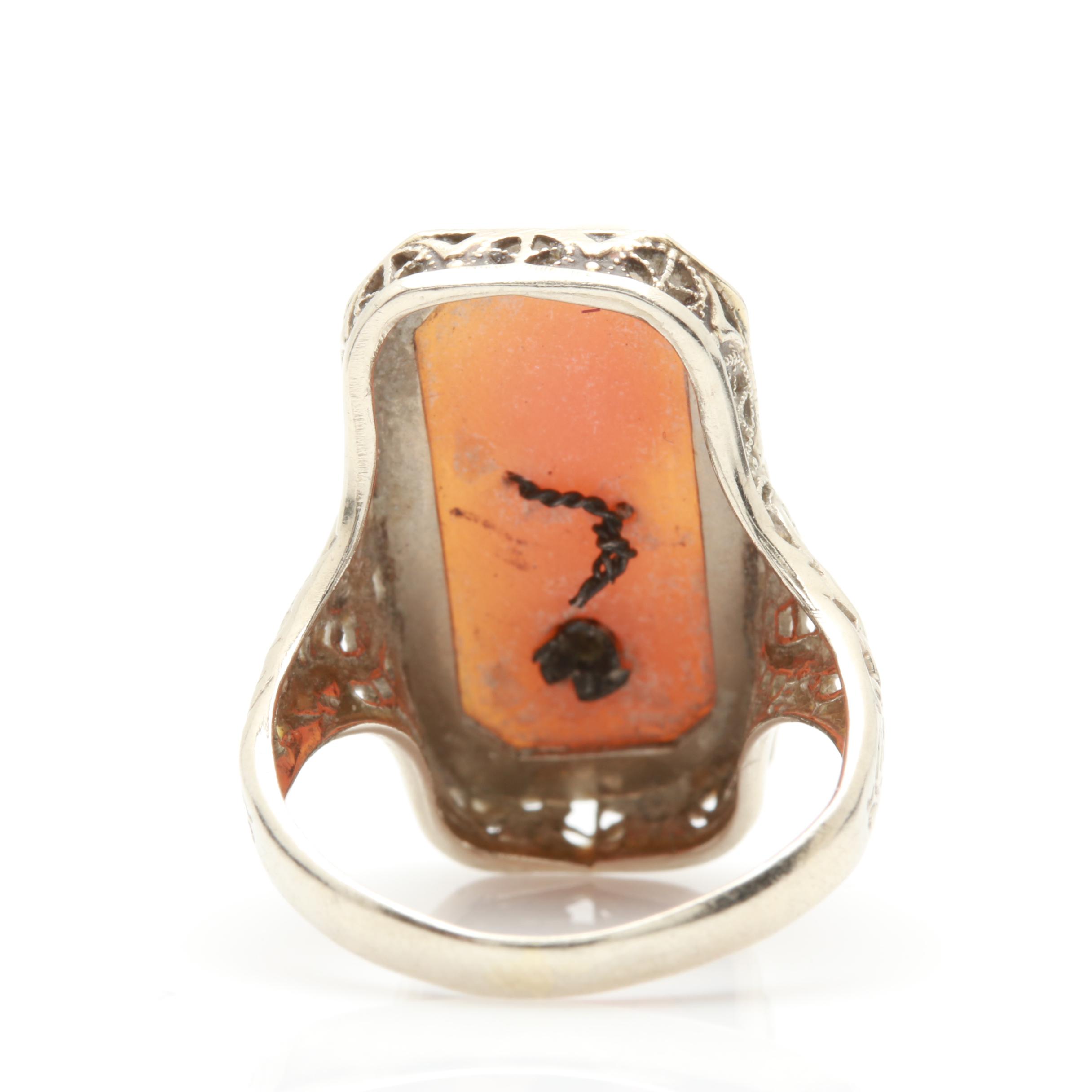 14K White Gold Helmet Shell and Diamond Cameo Habillé Ring