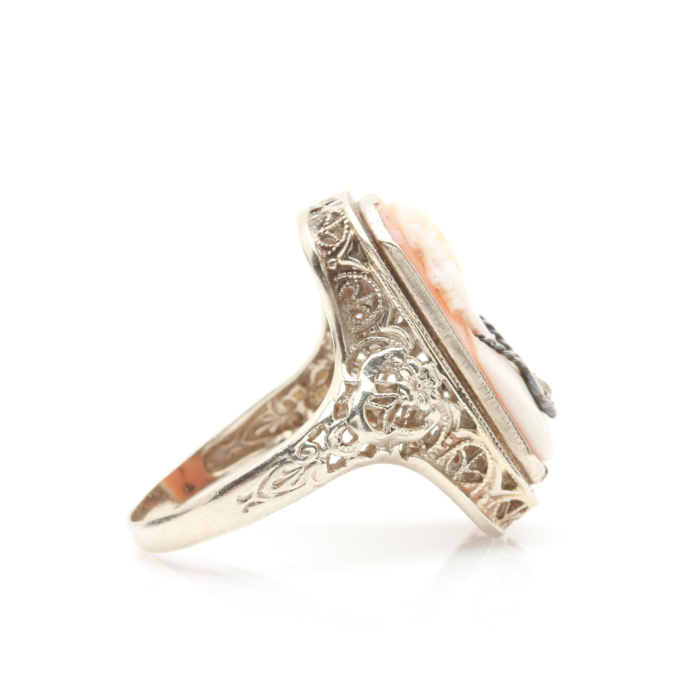 14K White Gold Helmet Shell and Diamond Cameo Habillé Ring