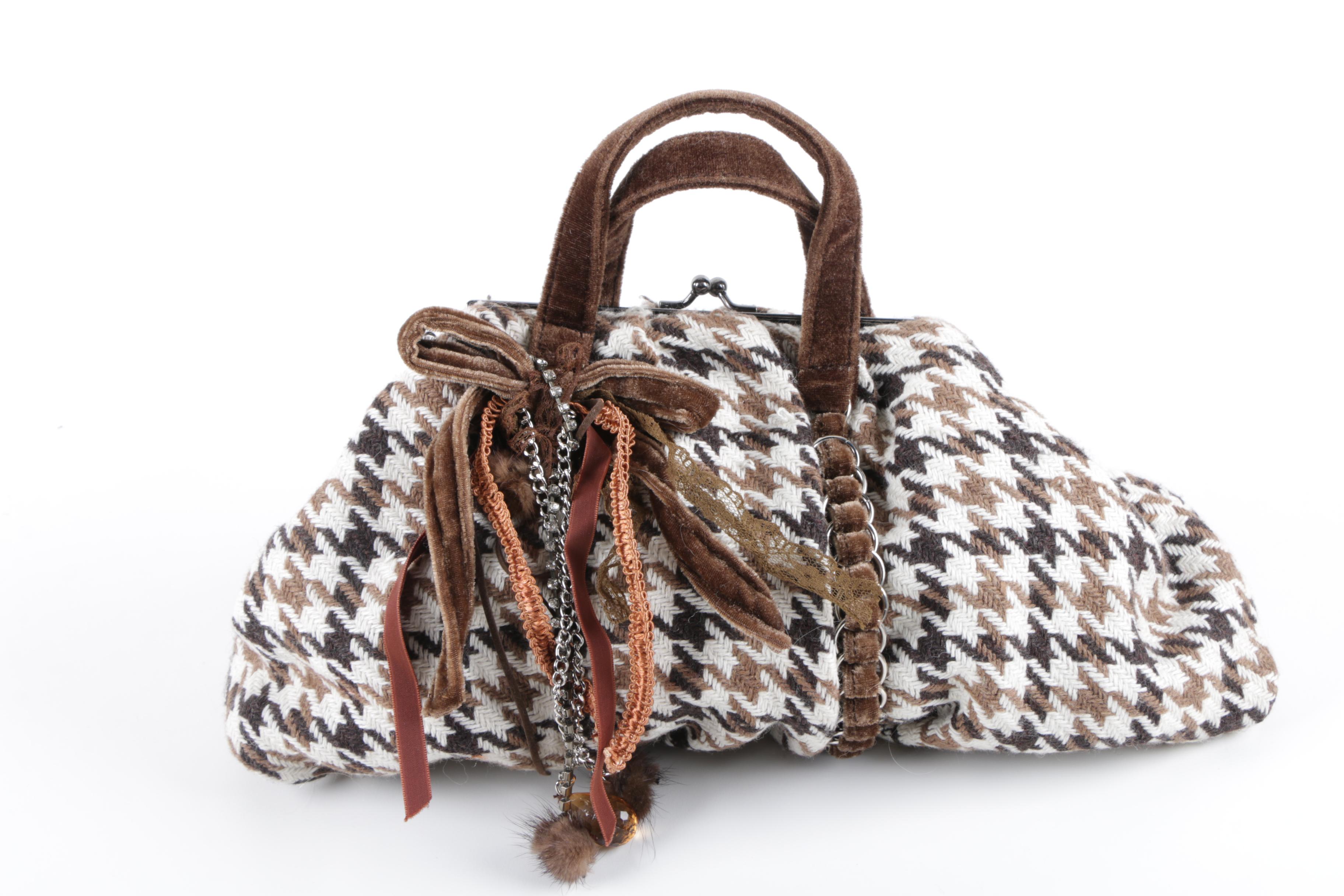 Bencivenga Couture Brown Houndstooth Accessories with Mink Fur Accents
