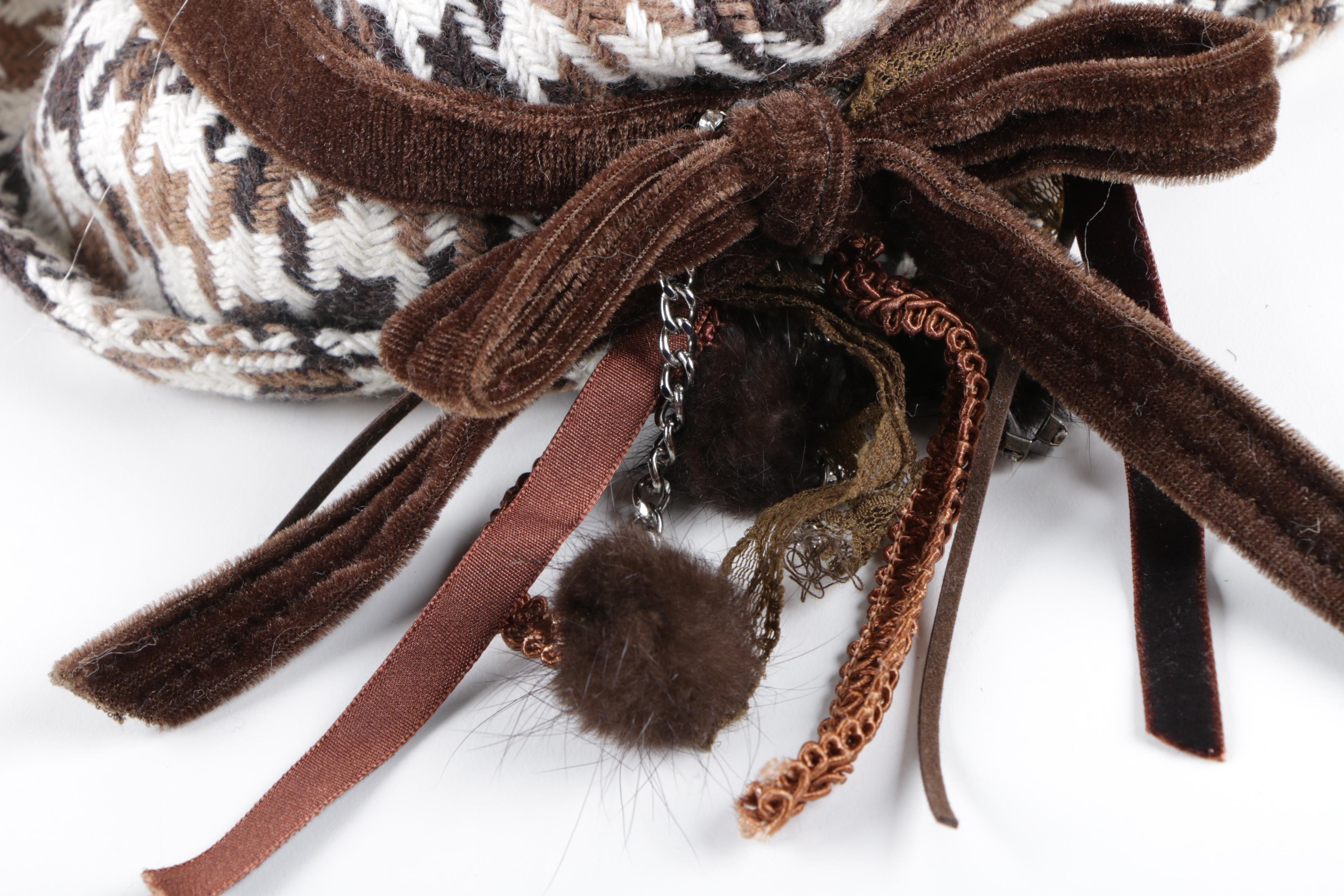 Bencivenga Couture Brown Houndstooth Accessories with Mink Fur Accents
