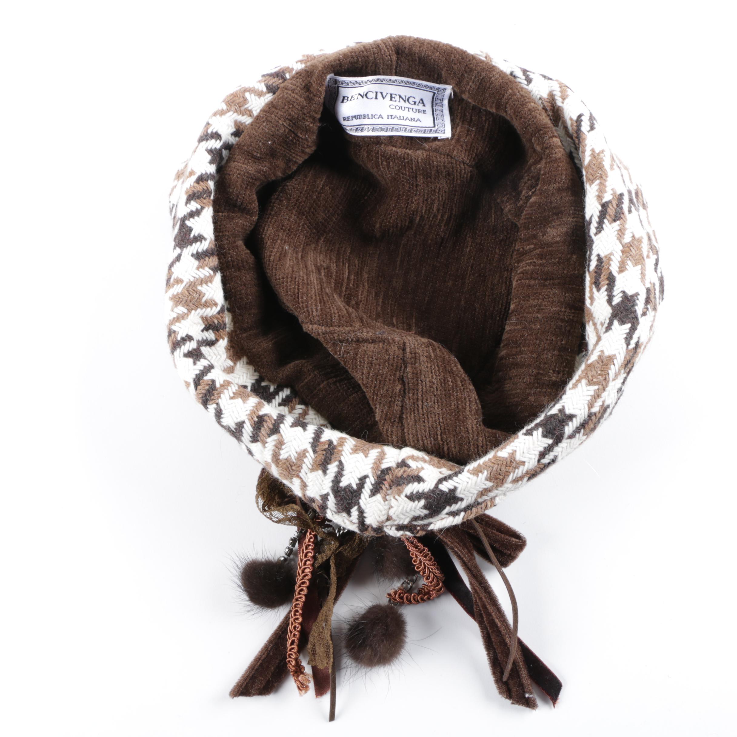 Bencivenga Couture Brown Houndstooth Accessories with Mink Fur Accents