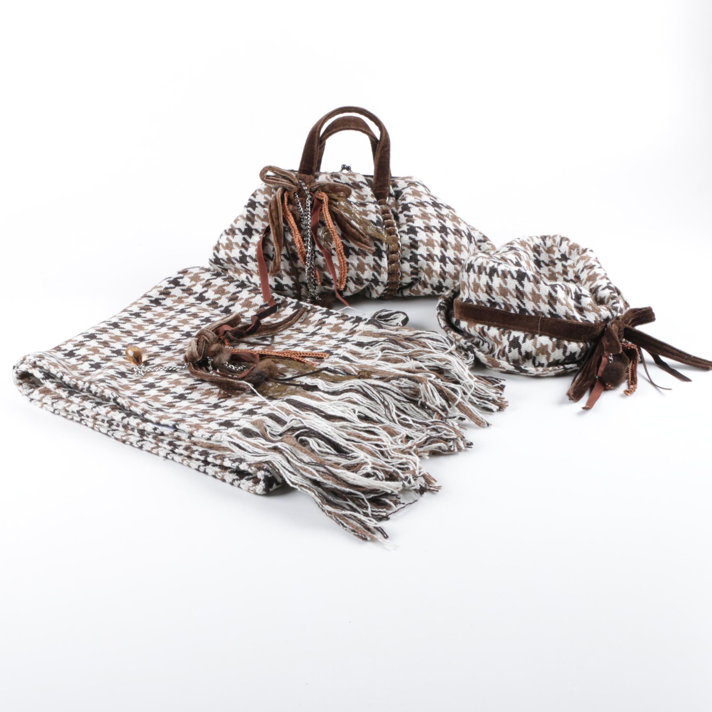 Bencivenga Couture Brown Houndstooth Accessories with Mink Fur Accents