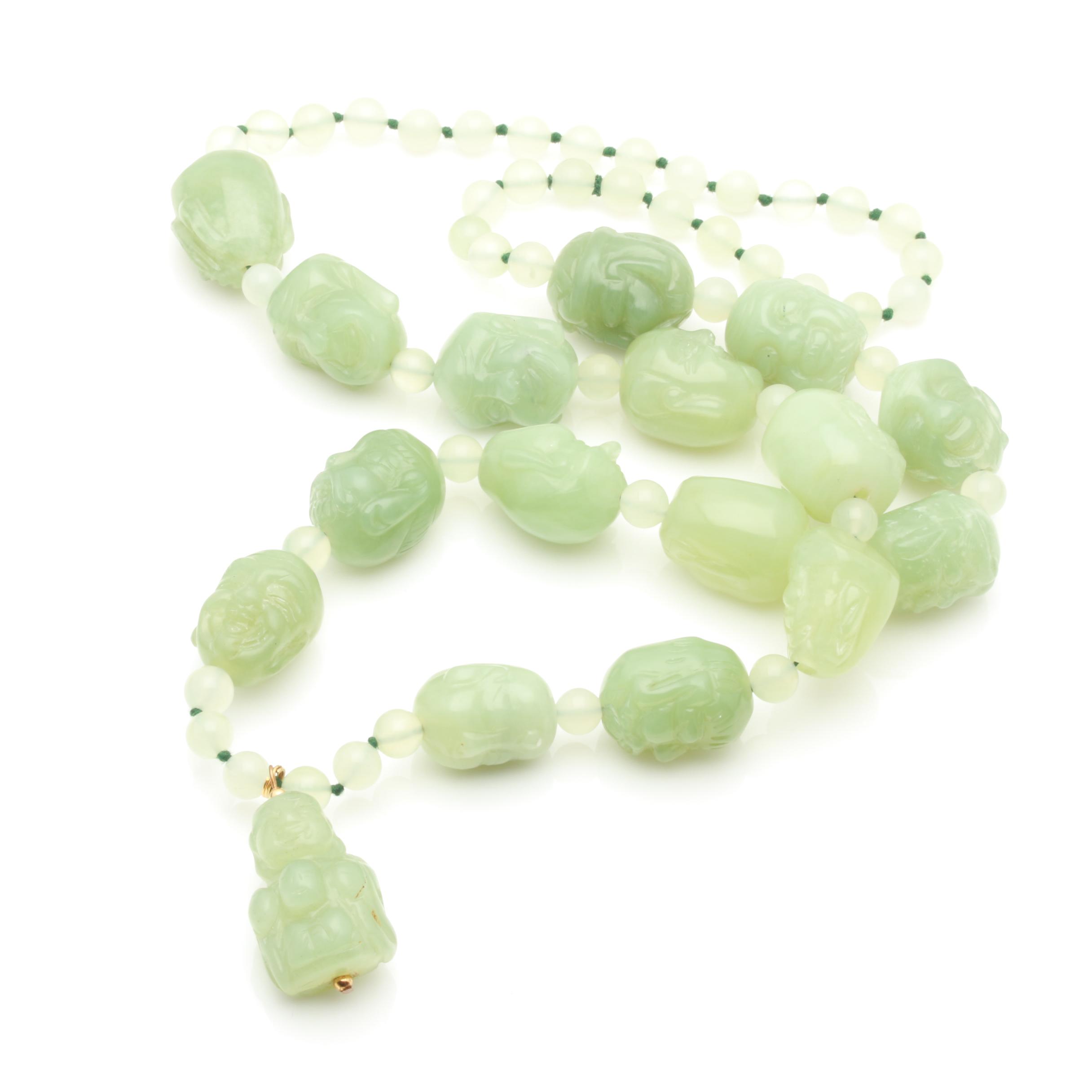 Hand-Knotted Bowenite Carved Budai Beaded Necklace