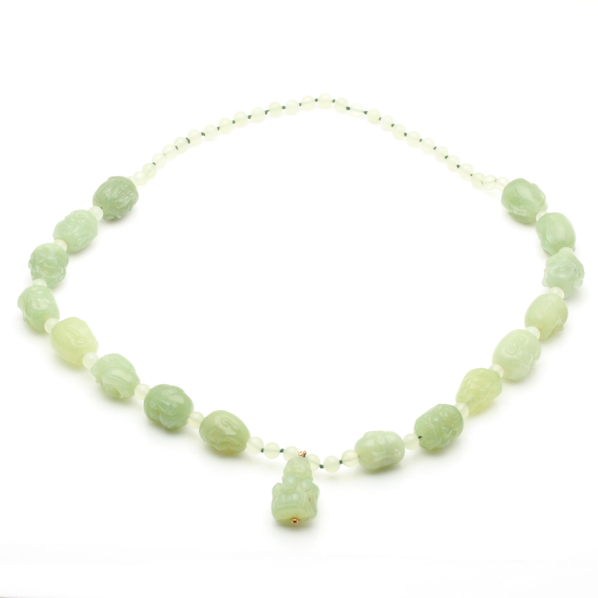 Hand-Knotted Bowenite Carved Budai Beaded Necklace