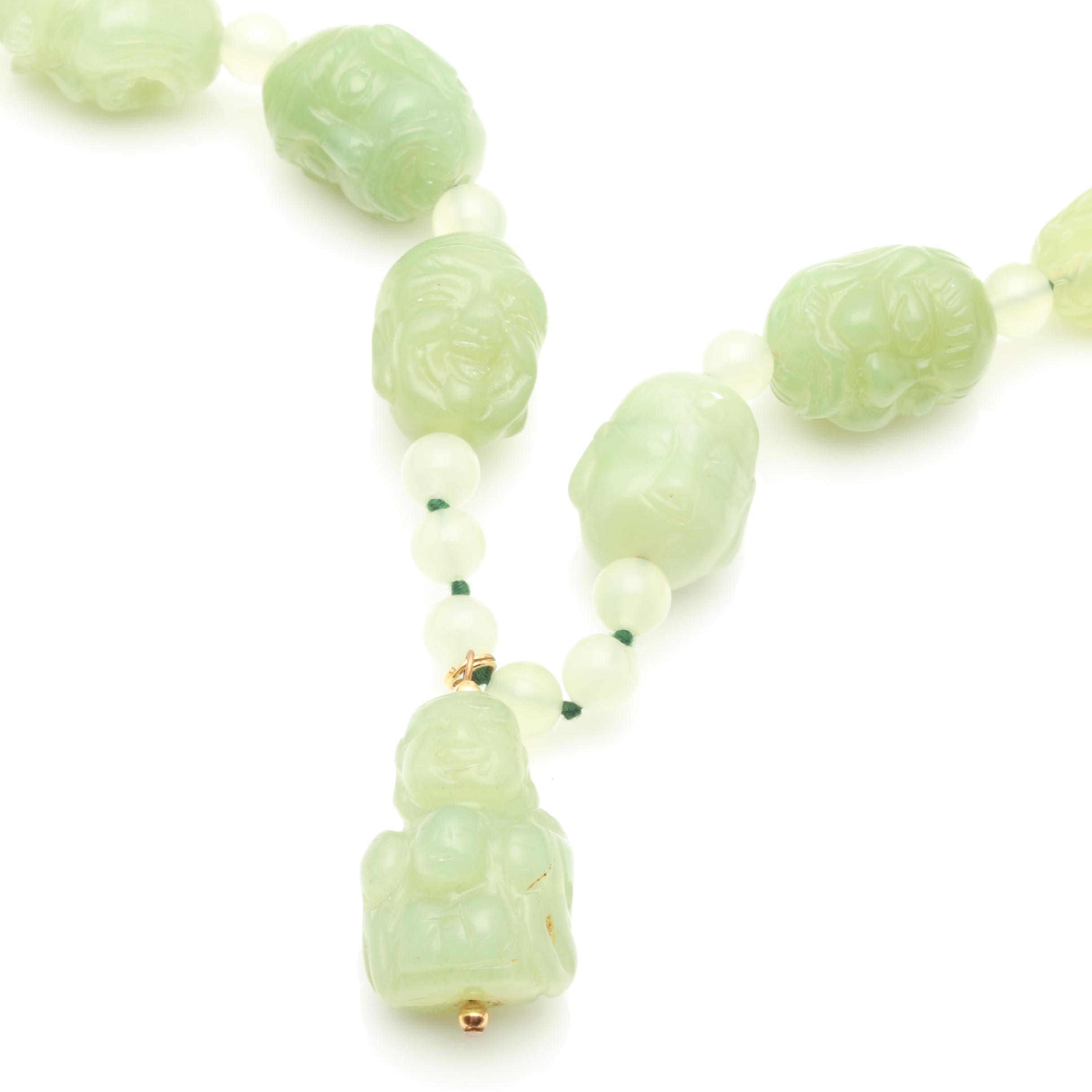Hand-Knotted Bowenite Carved Budai Beaded Necklace