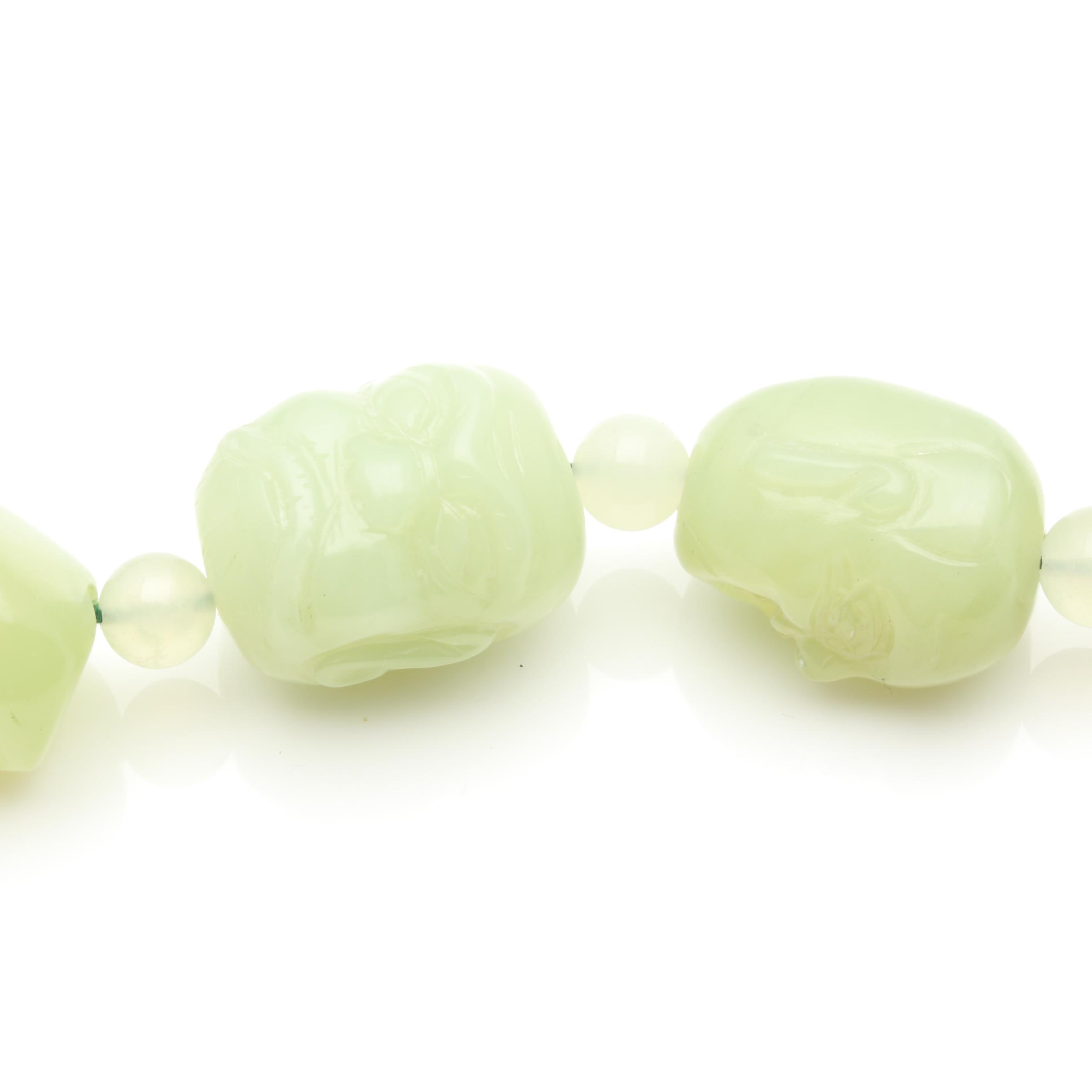 Hand-Knotted Bowenite Carved Budai Beaded Necklace