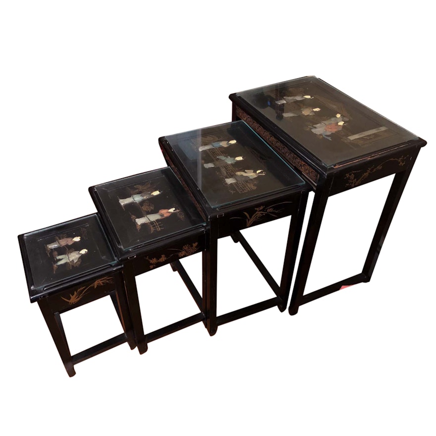 Vintage Chinese Carved and Inlaid Nesting Tables