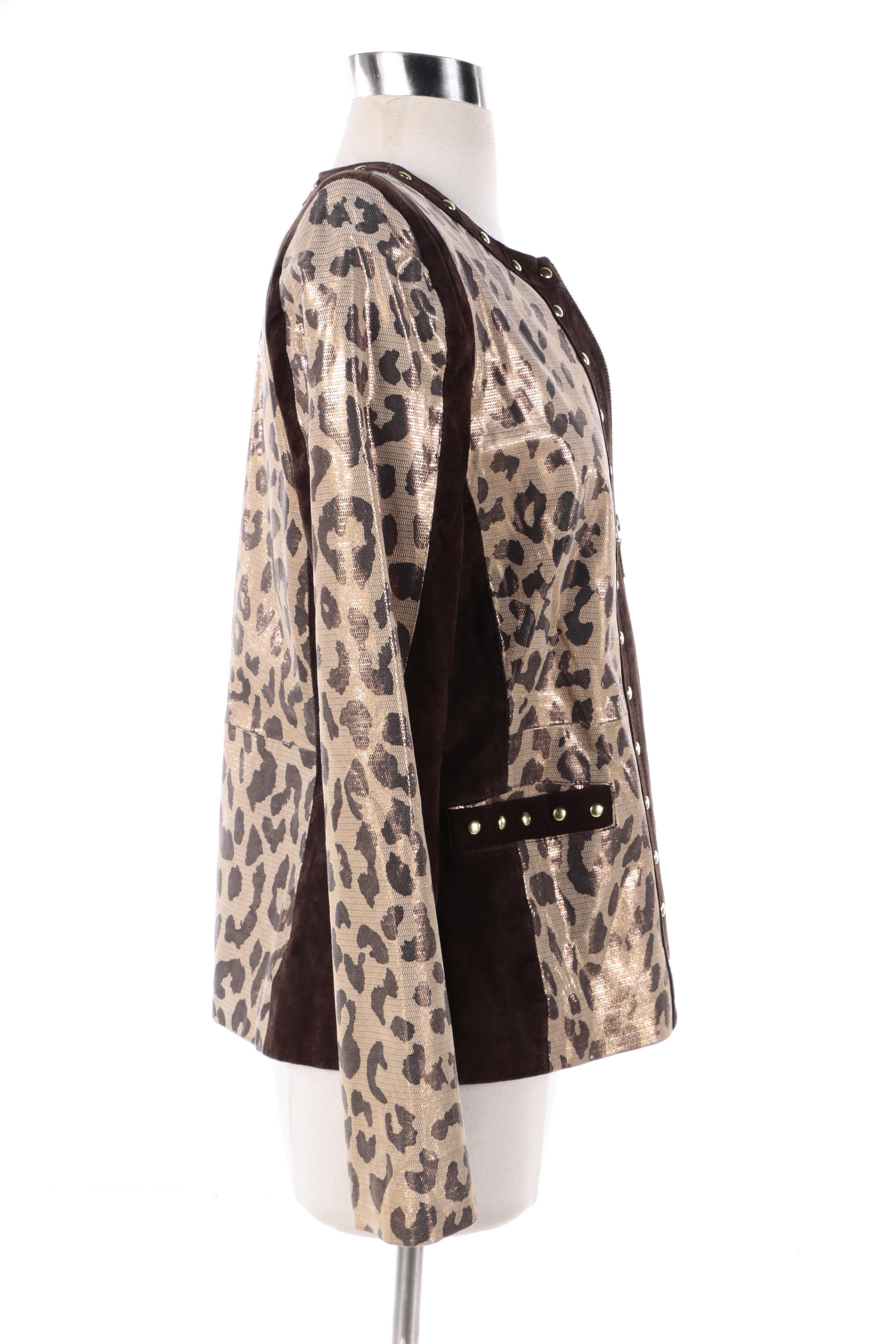 Women's Sharif Couture Brown Suede and Animal Print Jacket