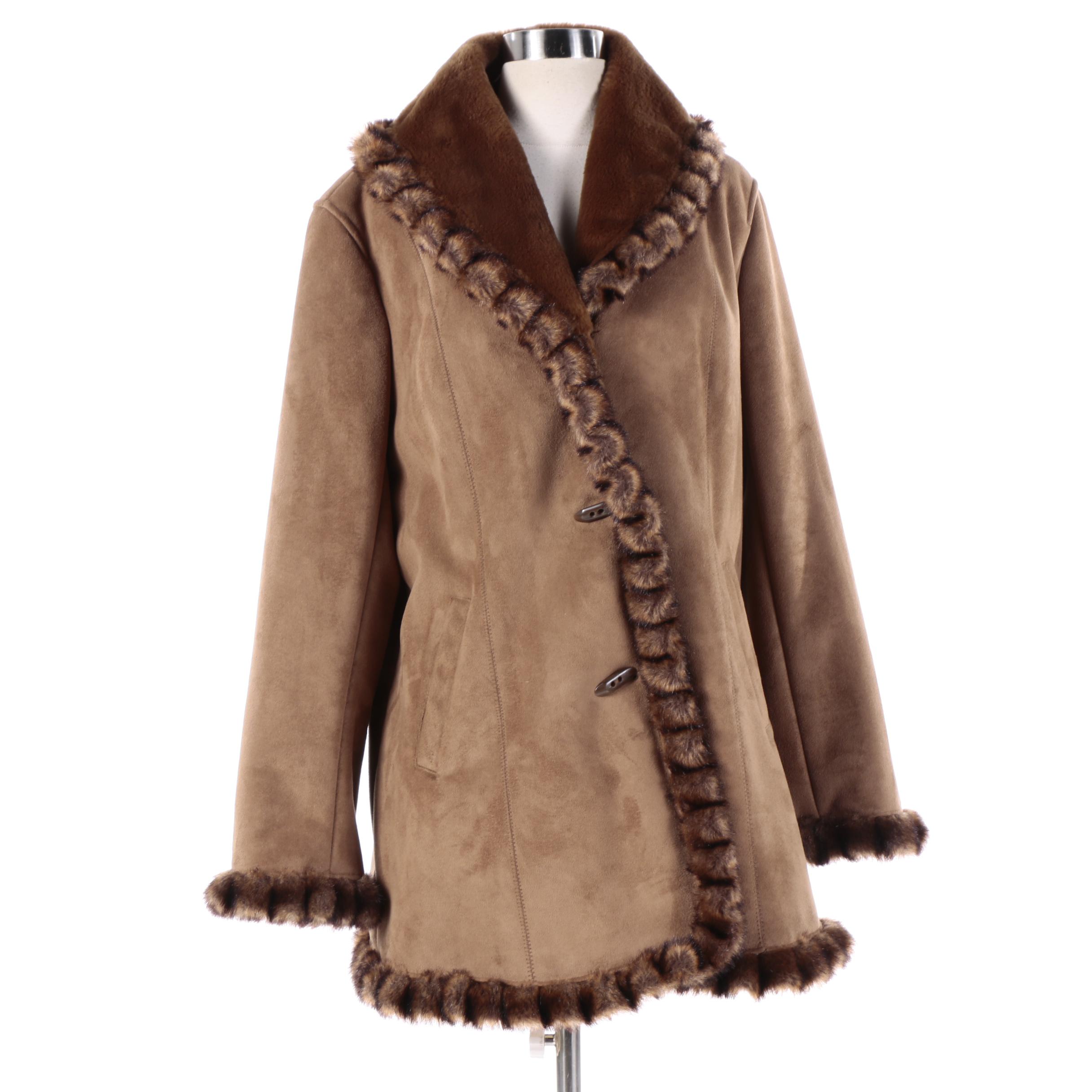 Women's Jones New York Brown Faux Suede Coat with Faux Fur Trim