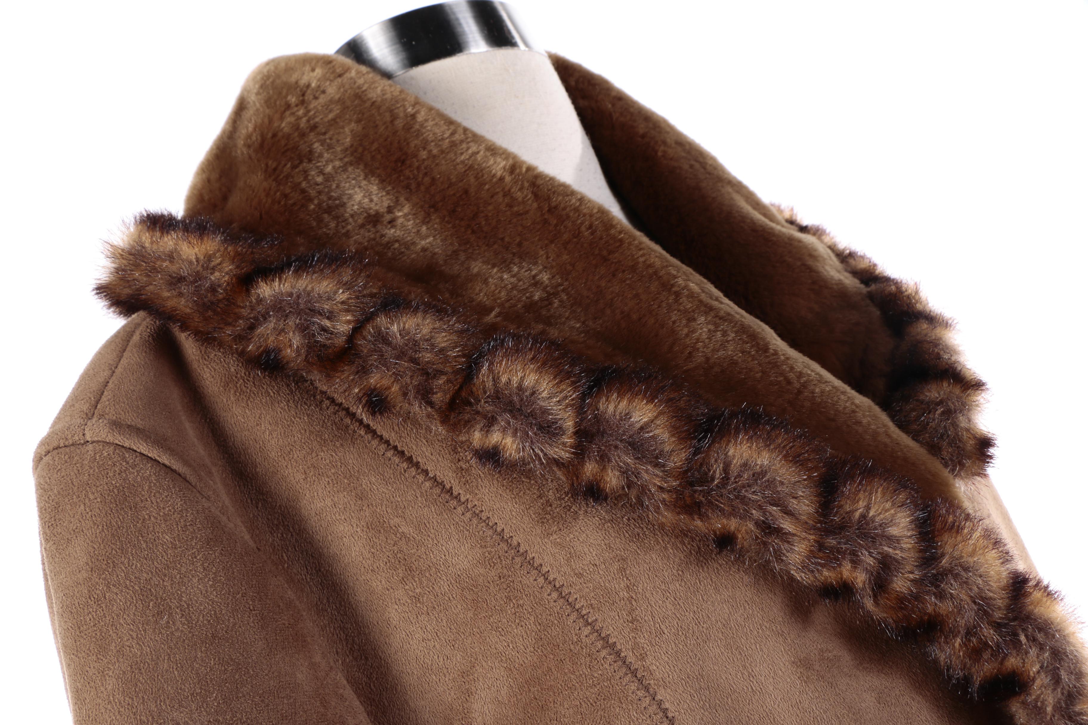 Women's Jones New York Brown Faux Suede Coat with Faux Fur Trim