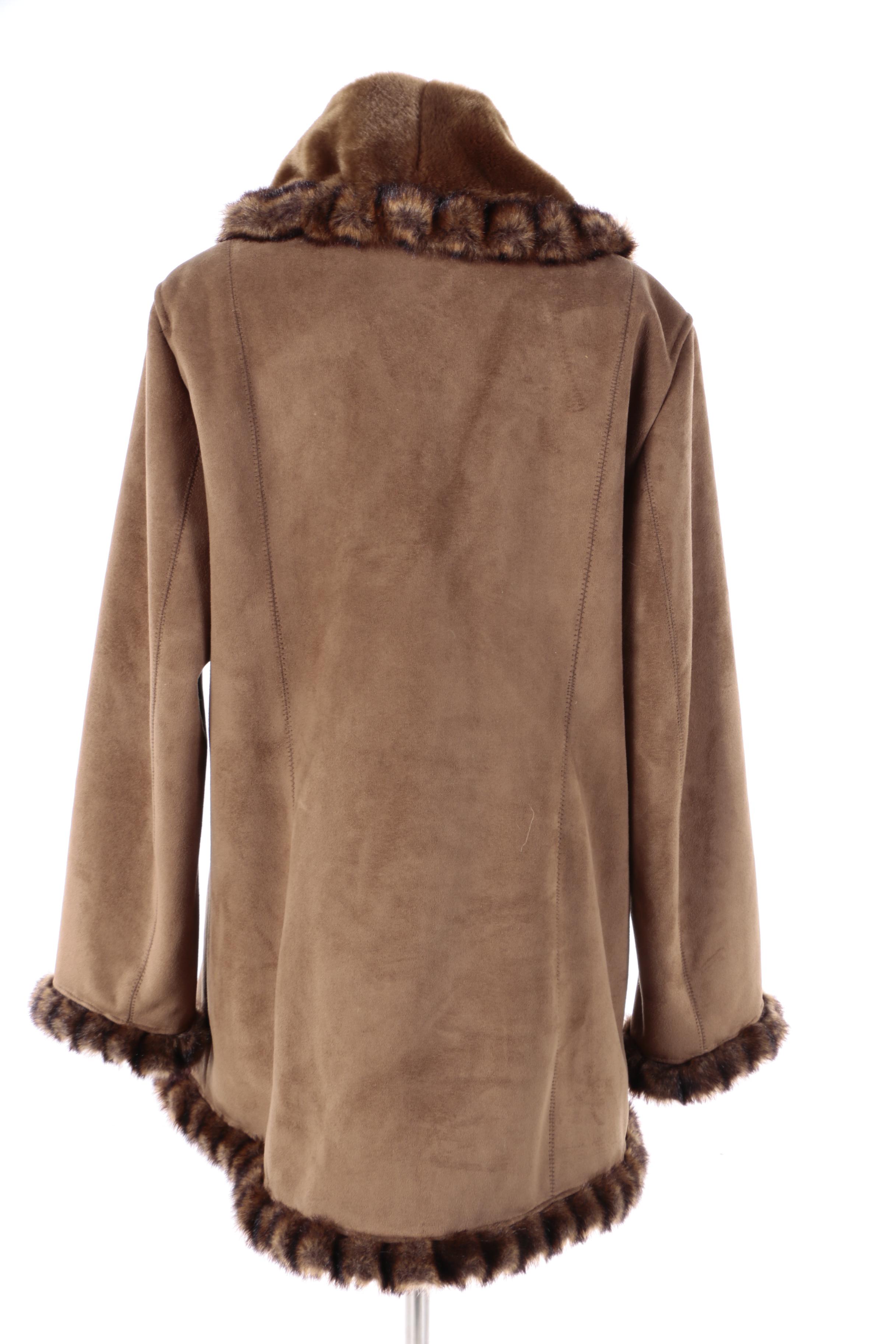 Women's Jones New York Brown Faux Suede Coat with Faux Fur Trim