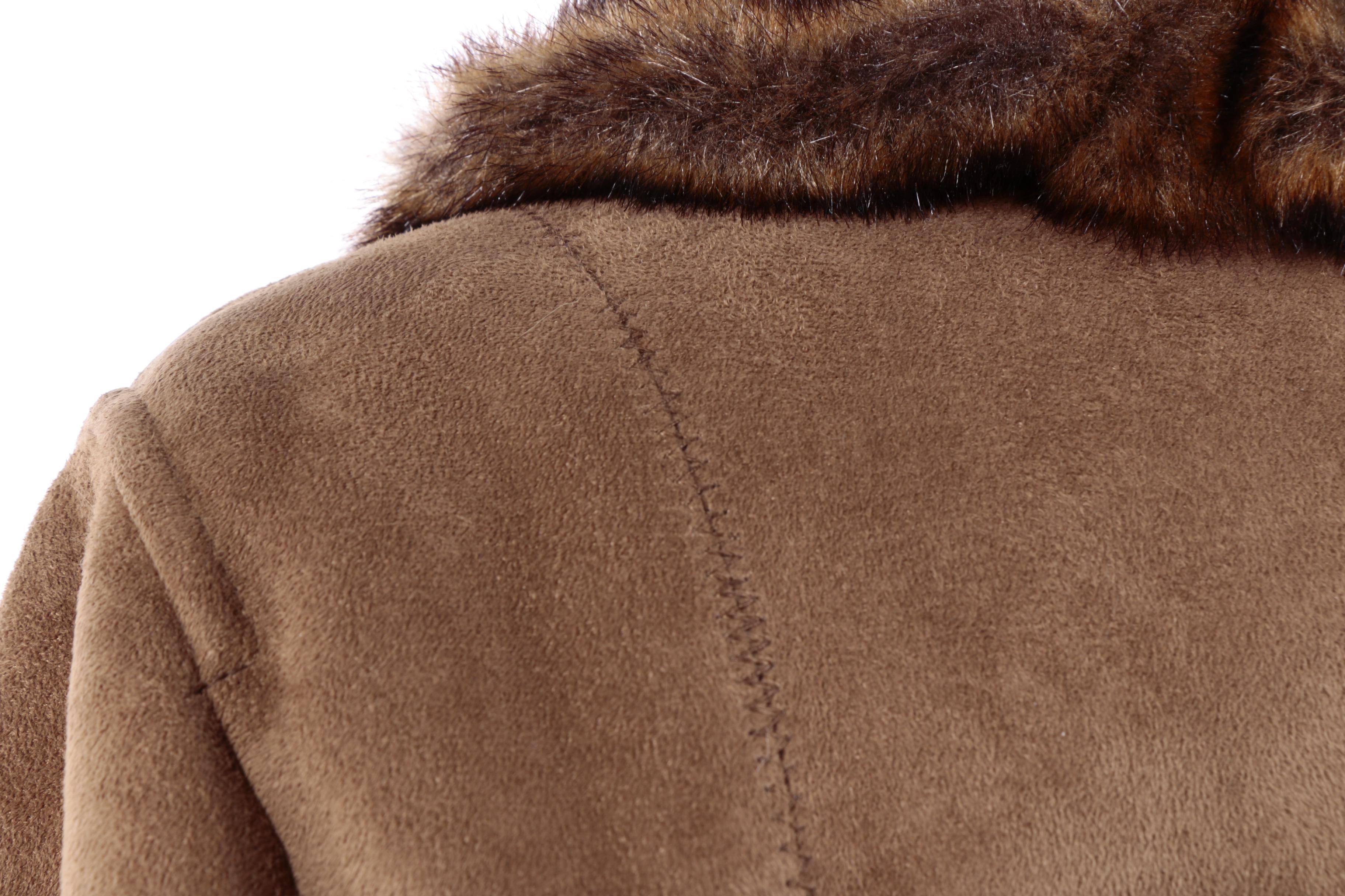 Women's Jones New York Brown Faux Suede Coat with Faux Fur Trim