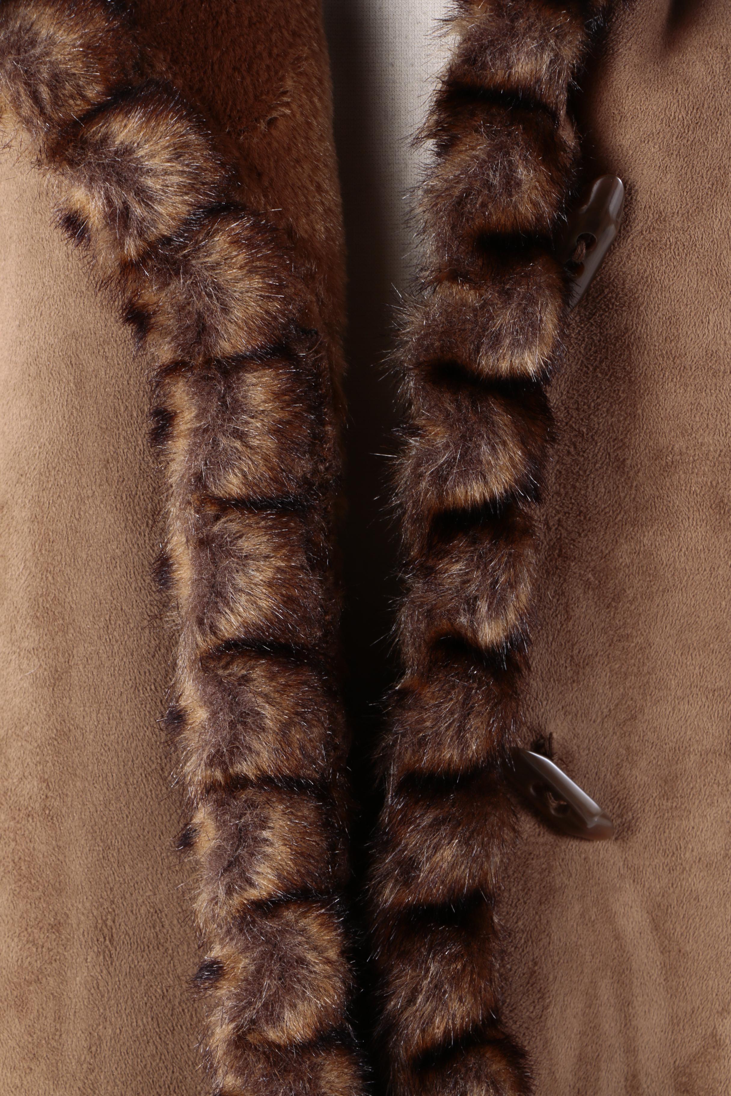 Women's Jones New York Brown Faux Suede Coat with Faux Fur Trim