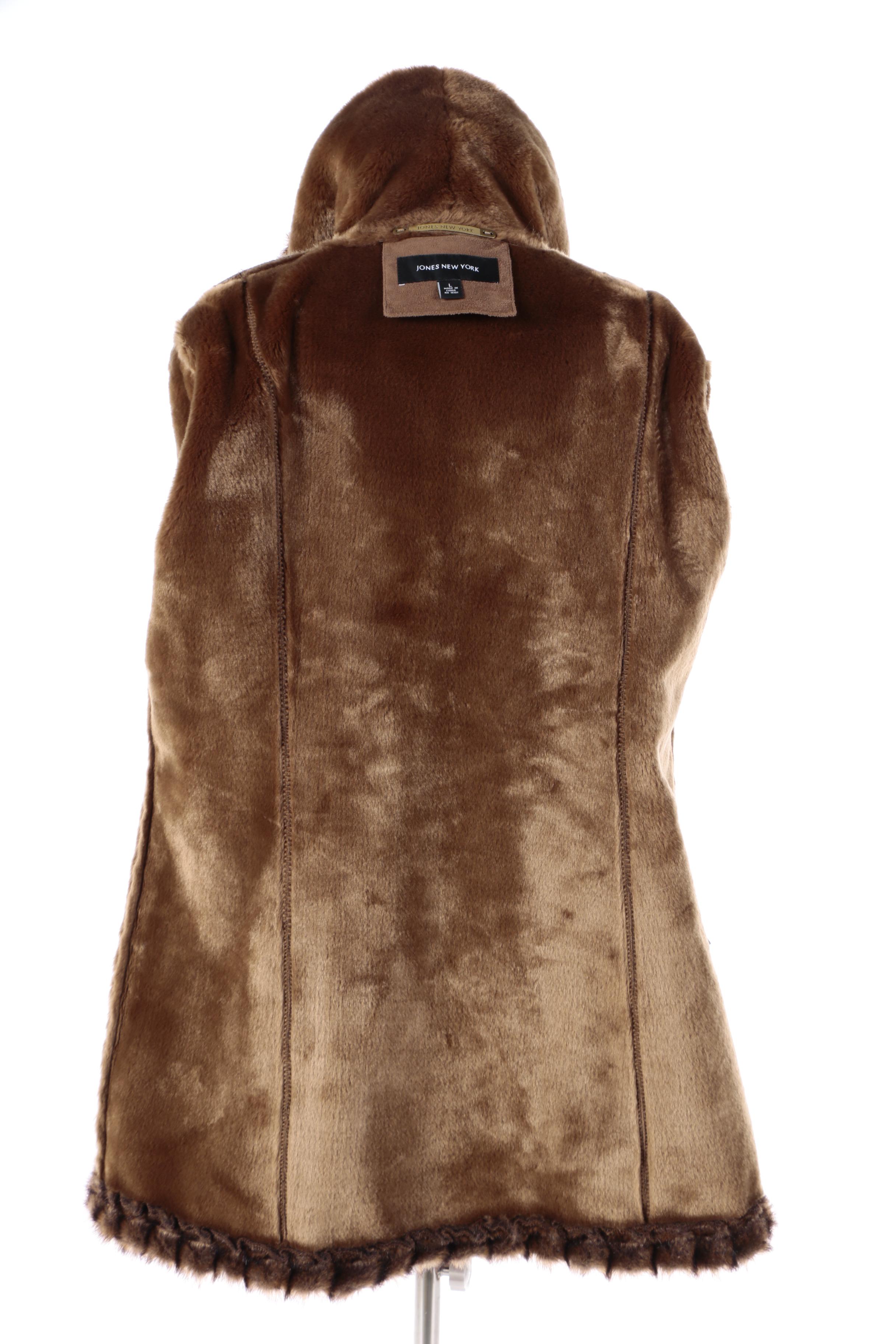 Women's Jones New York Brown Faux Suede Coat with Faux Fur Trim