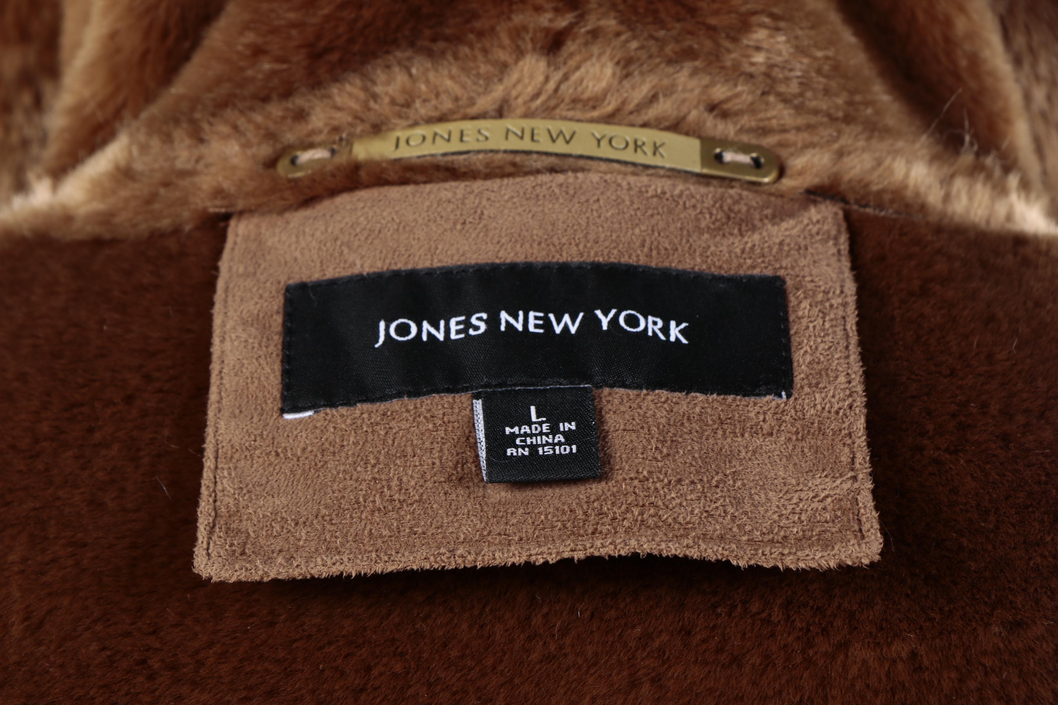 Women's Jones New York Brown Faux Suede Coat with Faux Fur Trim