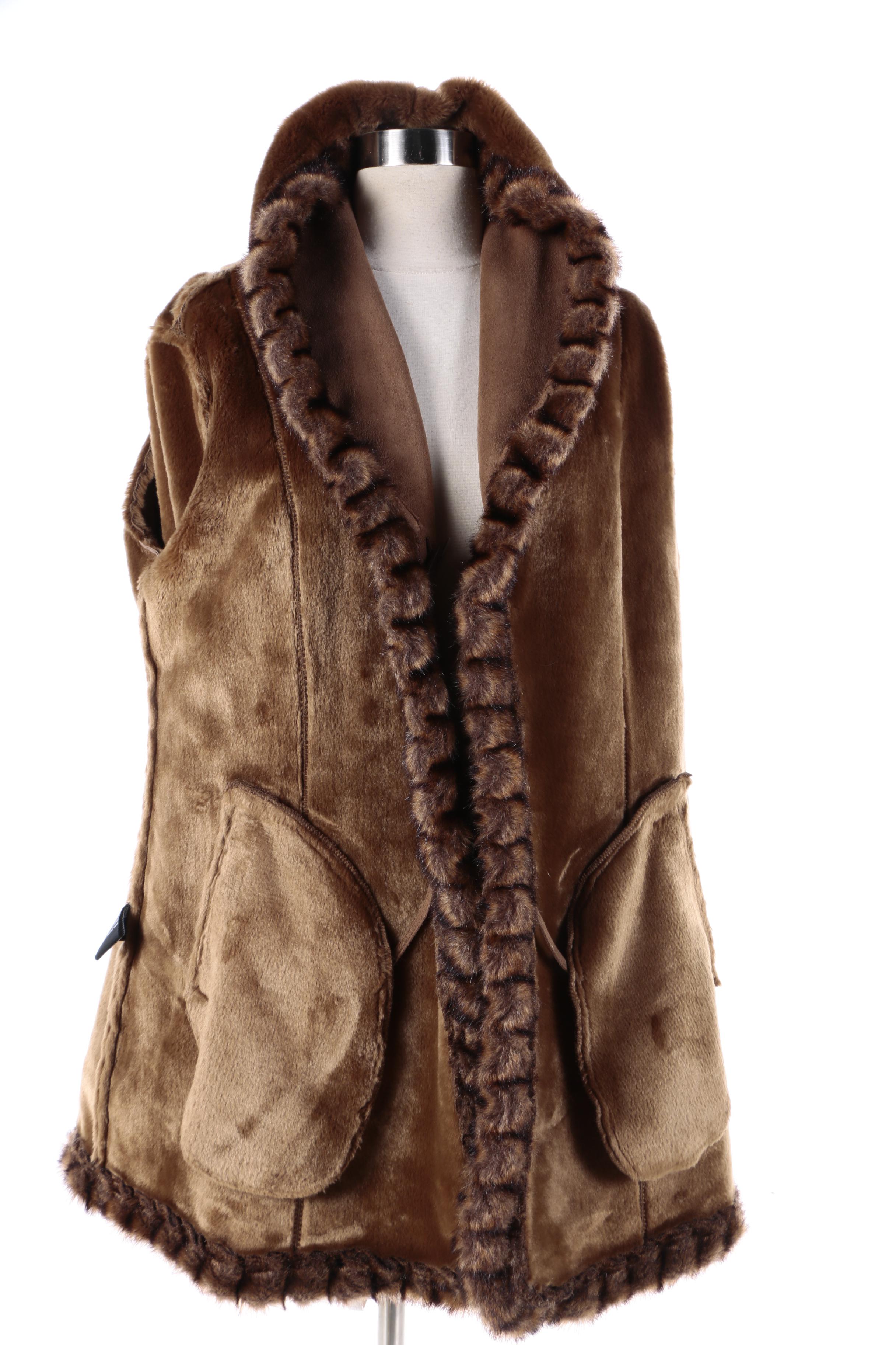 Women's Jones New York Brown Faux Suede Coat with Faux Fur Trim