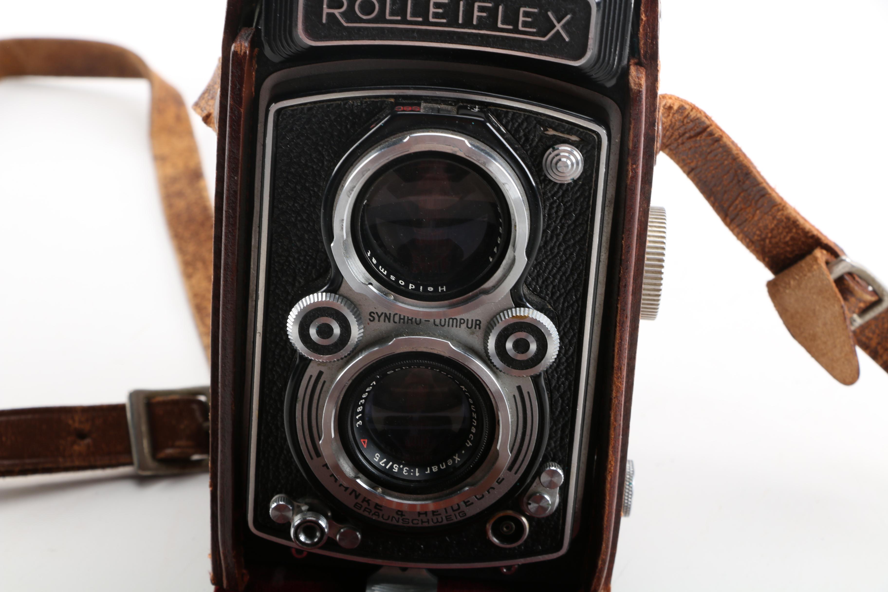 Rollieflex TLR Automat MX Camera, Argus 35mm Camera, and Slide Box