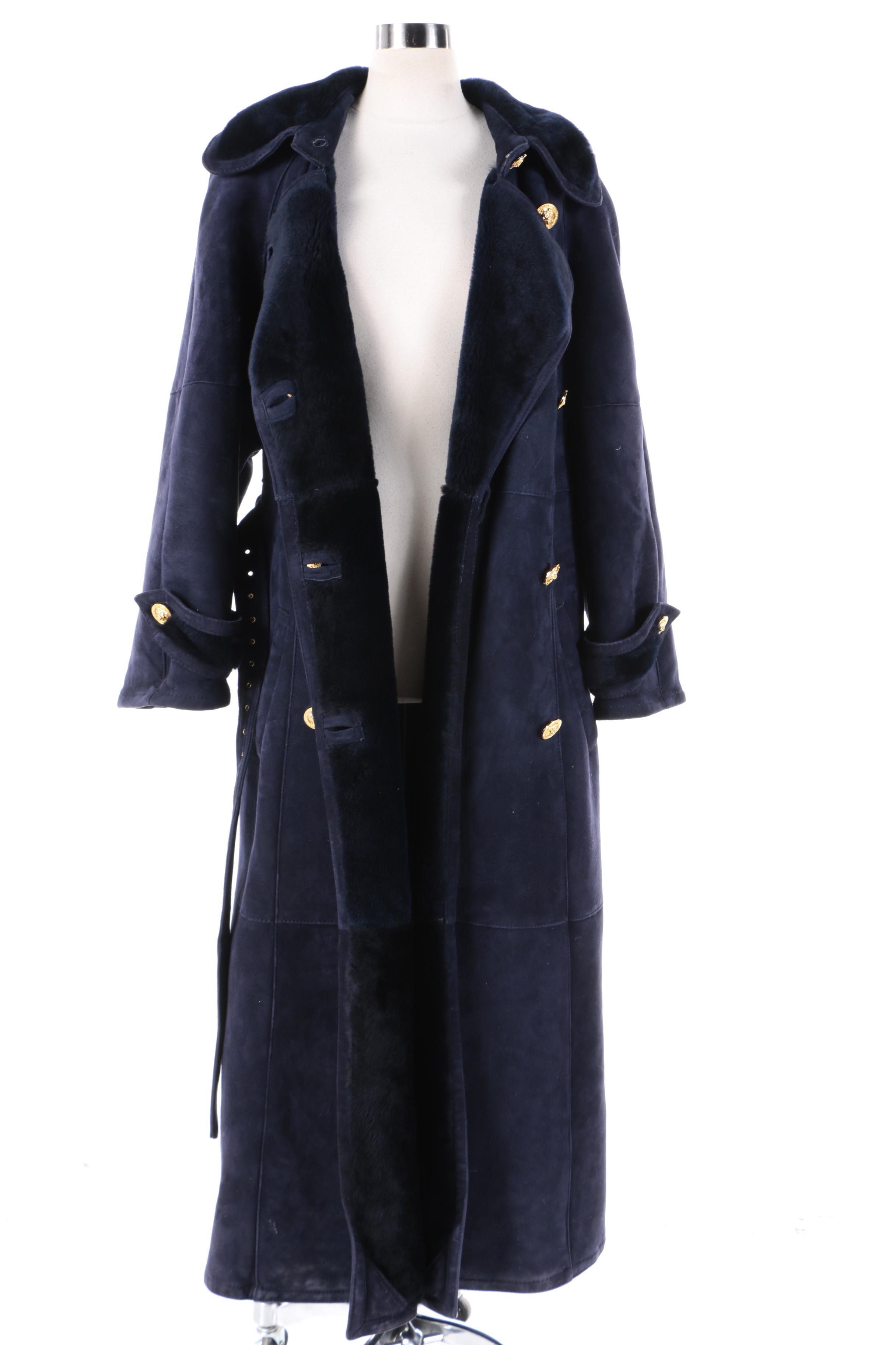 Women's Krikis for Fantazia Double-Breasted Navy Suede and Shearling Coat