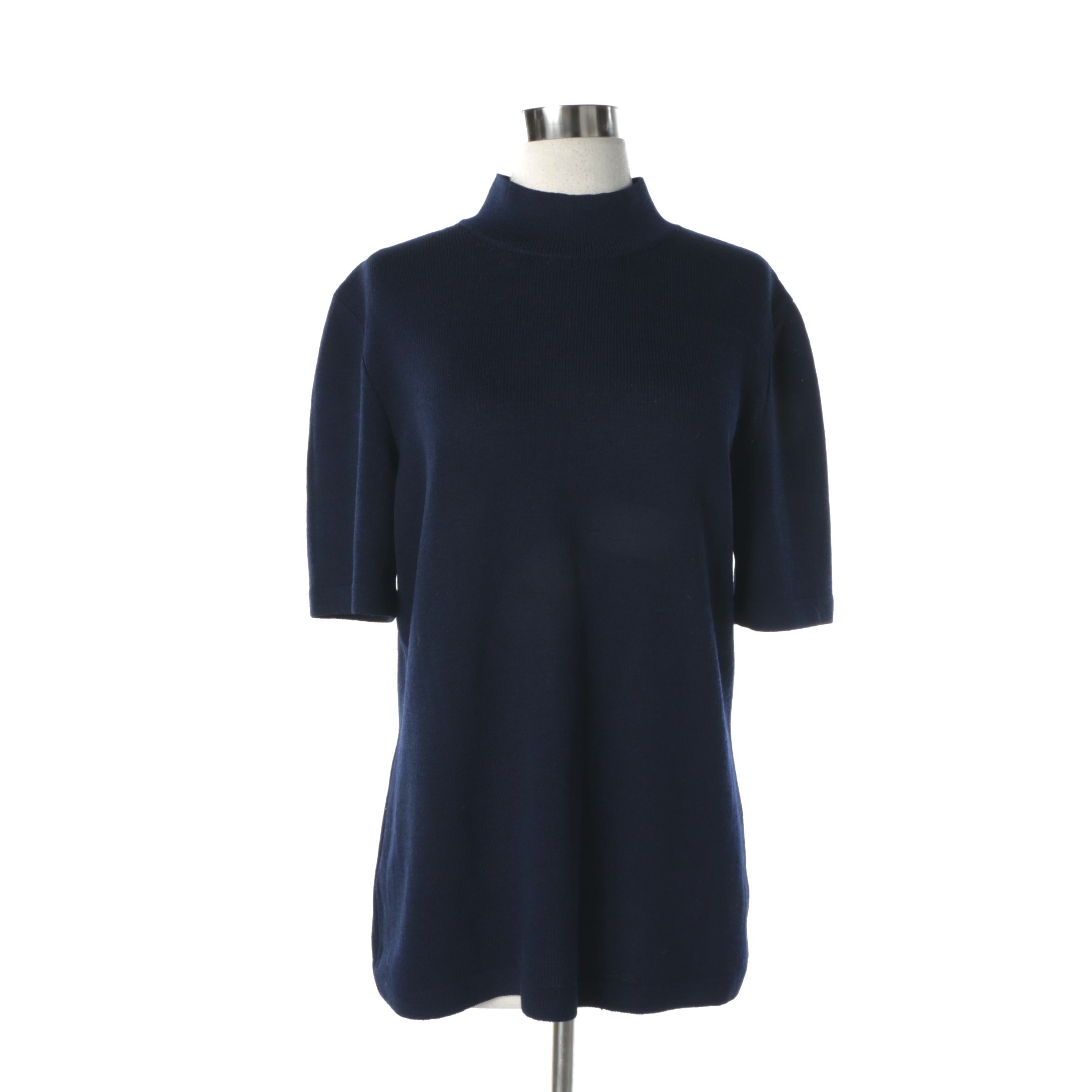 Women's St. John Basics Navy Knit Short Sleeve Mock Turtleneck Sweater
