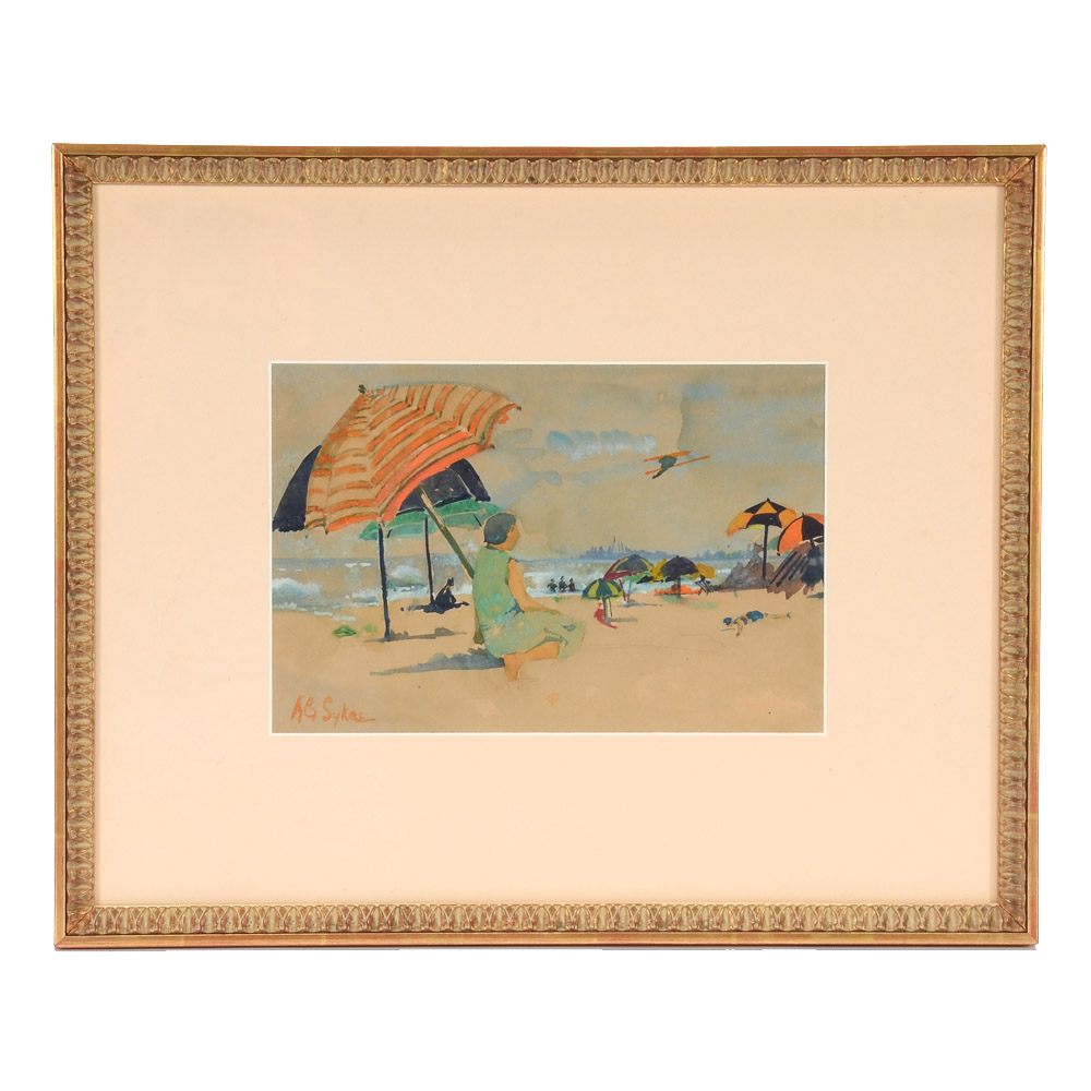 Annie G. Sykes Vintage Gouache Painting of a Beach Scene