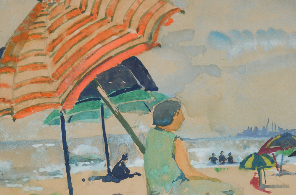 Annie G. Sykes Vintage Gouache Painting of a Beach Scene