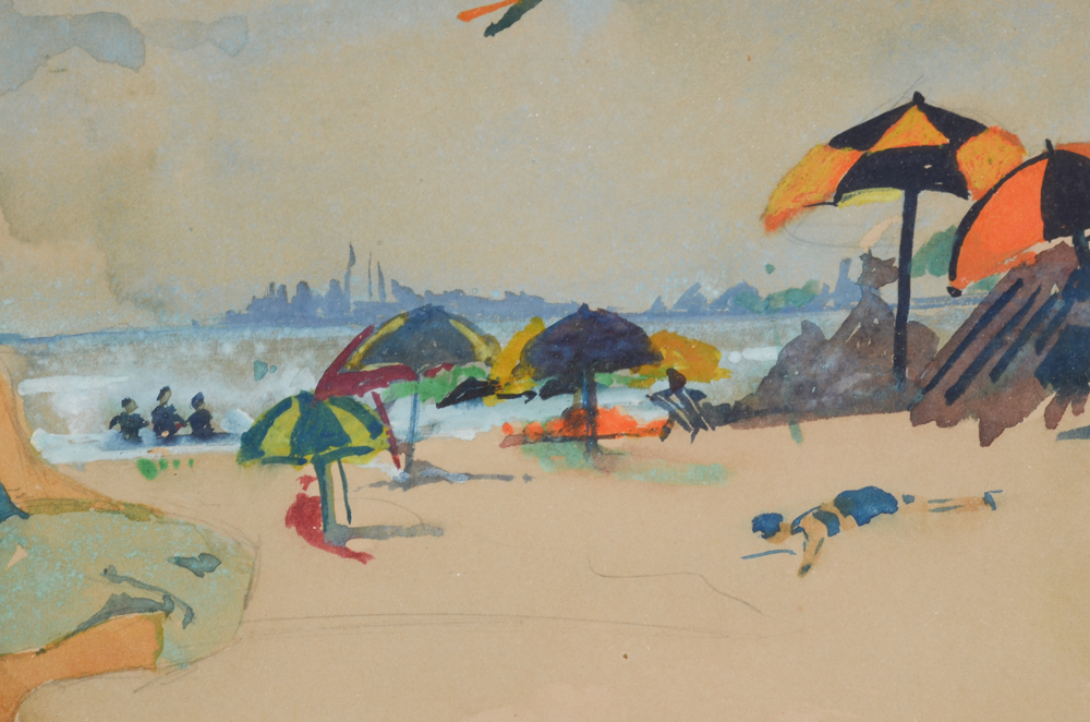 Annie G. Sykes Vintage Gouache Painting of a Beach Scene