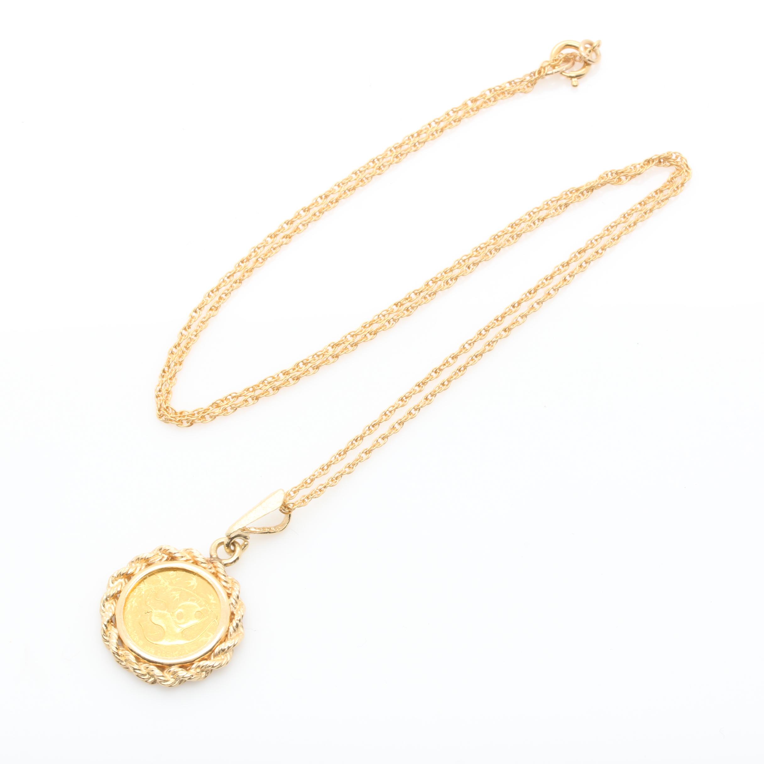 14K Pendant Necklace with 1985 Chinese Panda 10 Yuan Gold Coin