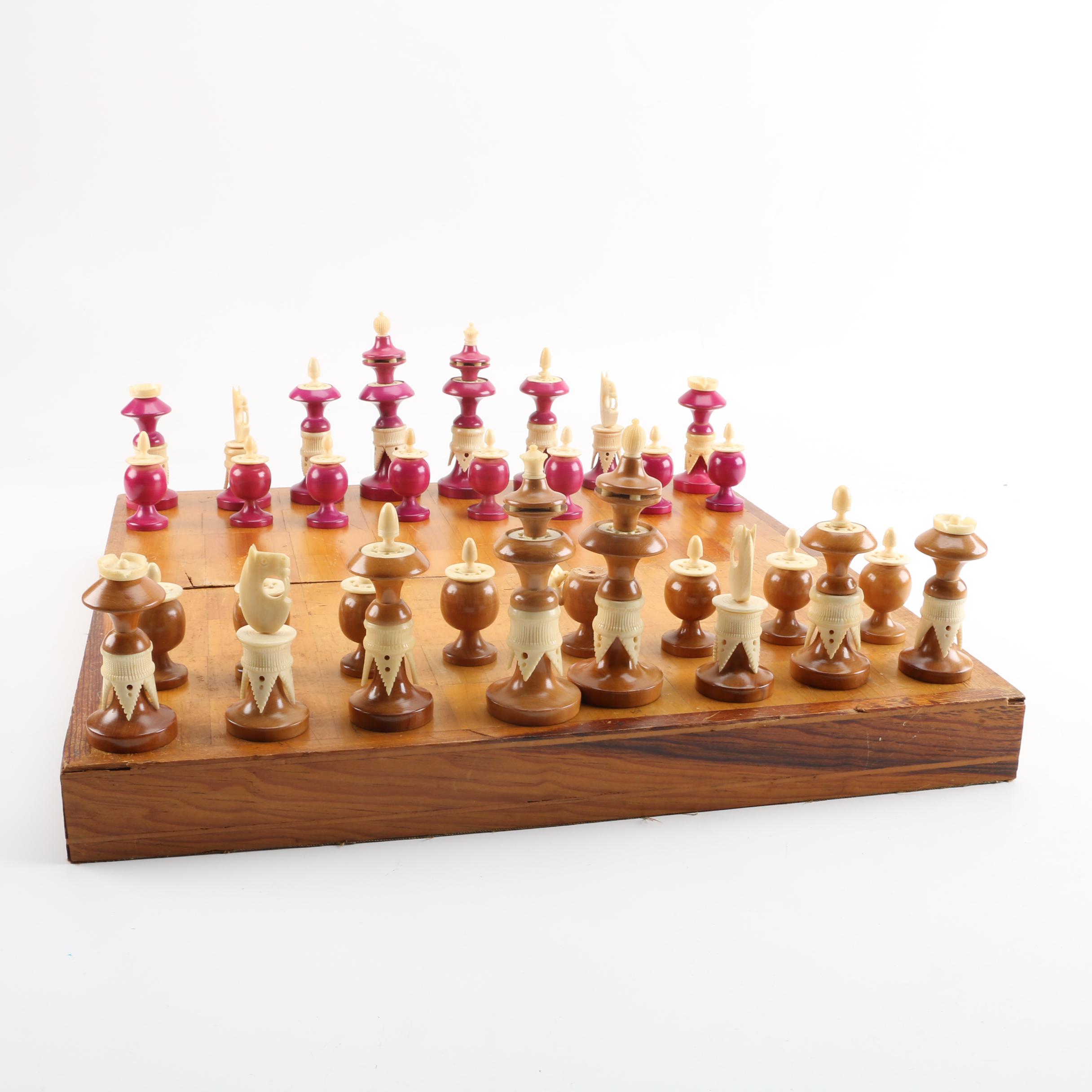 Chess Board With Carved Bone and Wood Pieces