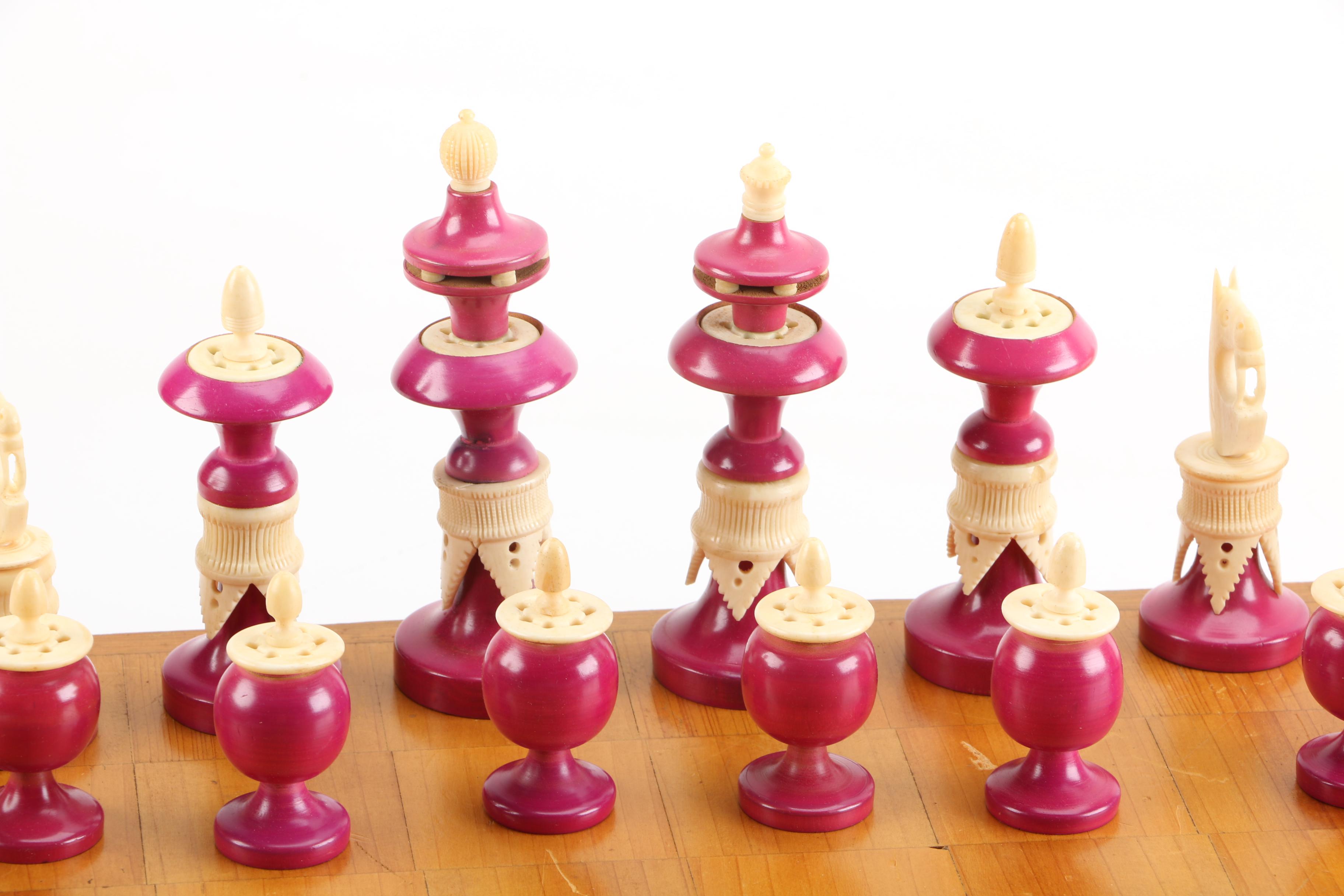 Chess Board With Carved Bone and Wood Pieces