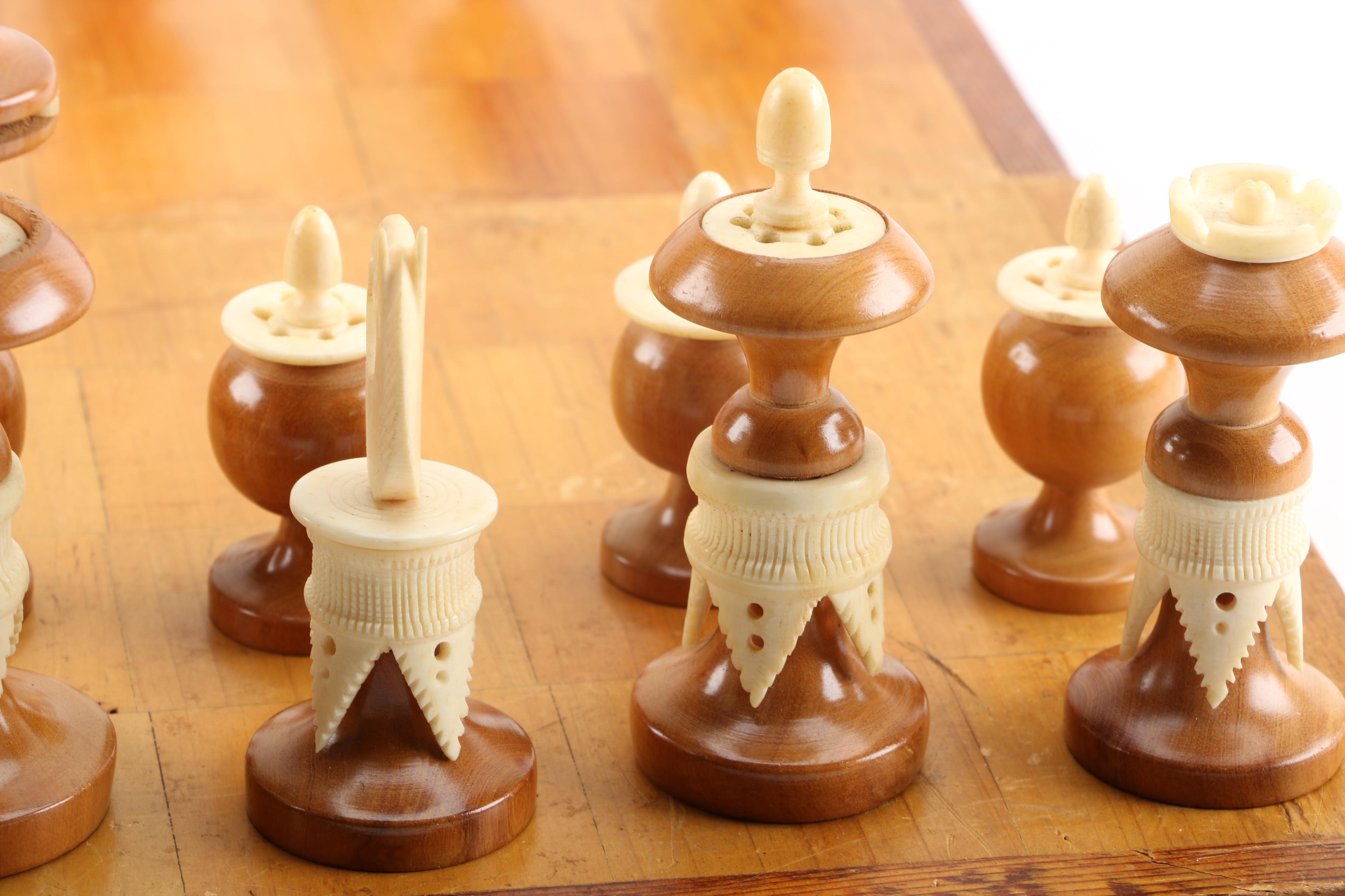 Chess Board With Carved Bone and Wood Pieces