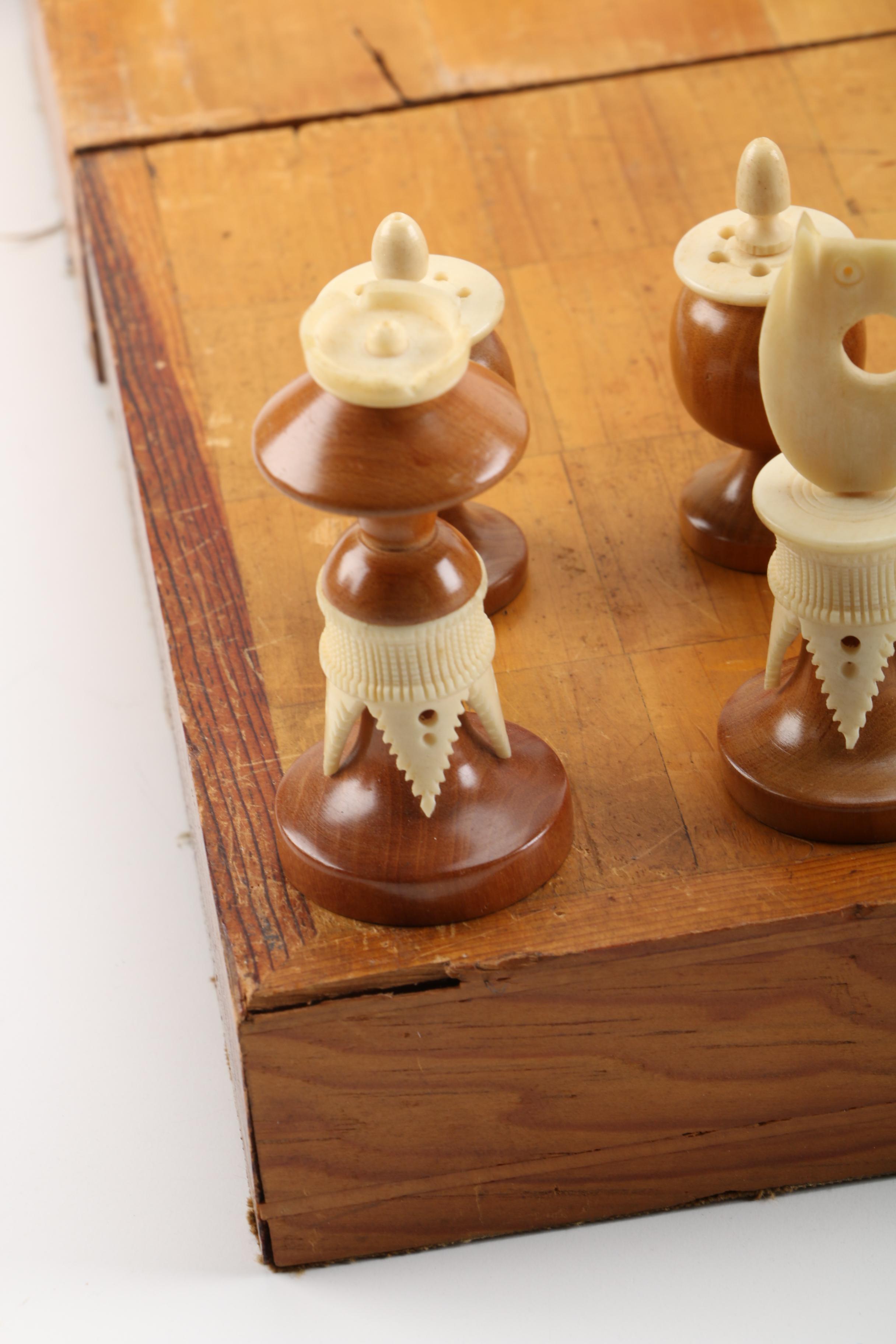 Chess Board With Carved Bone and Wood Pieces