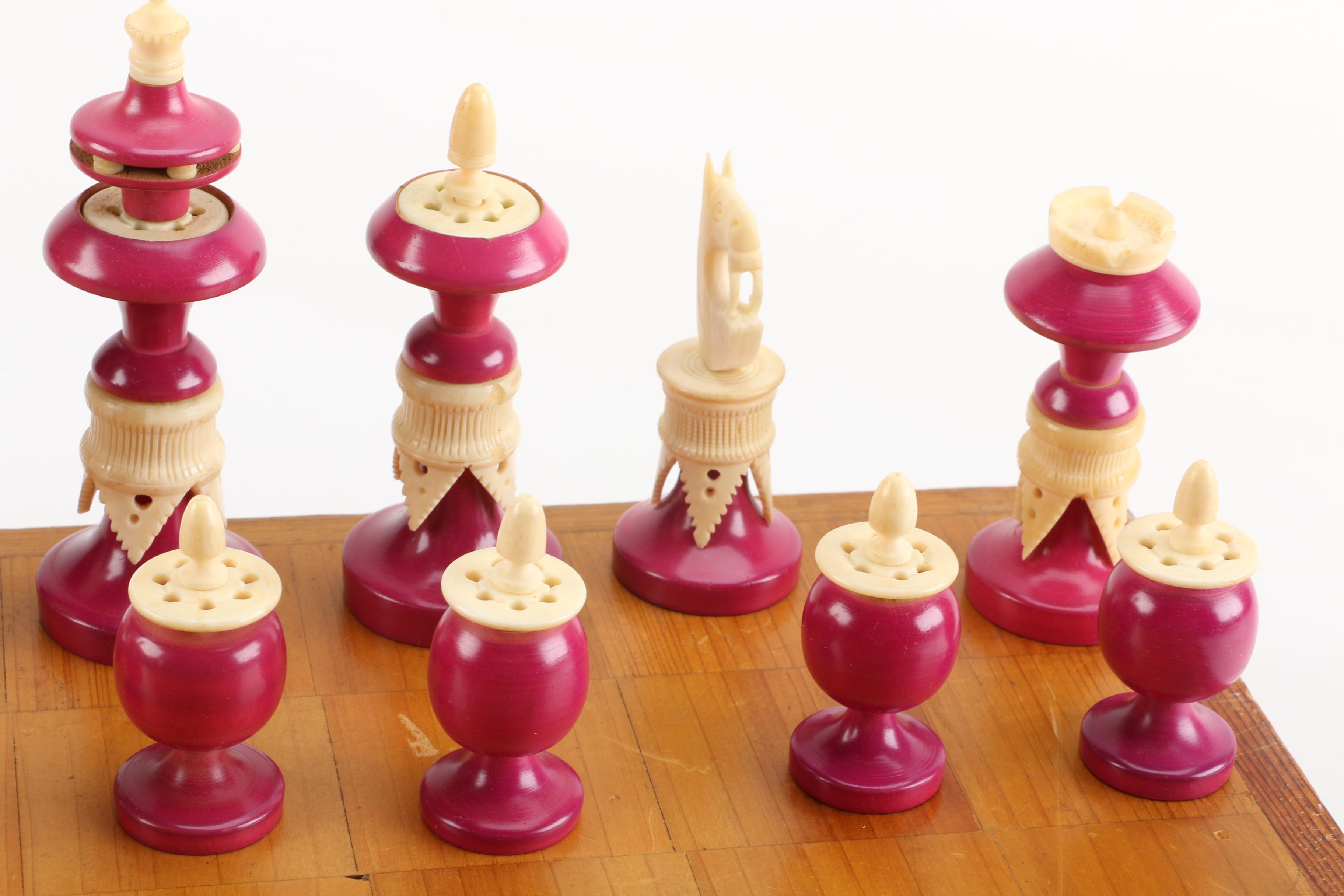 Chess Board With Carved Bone and Wood Pieces