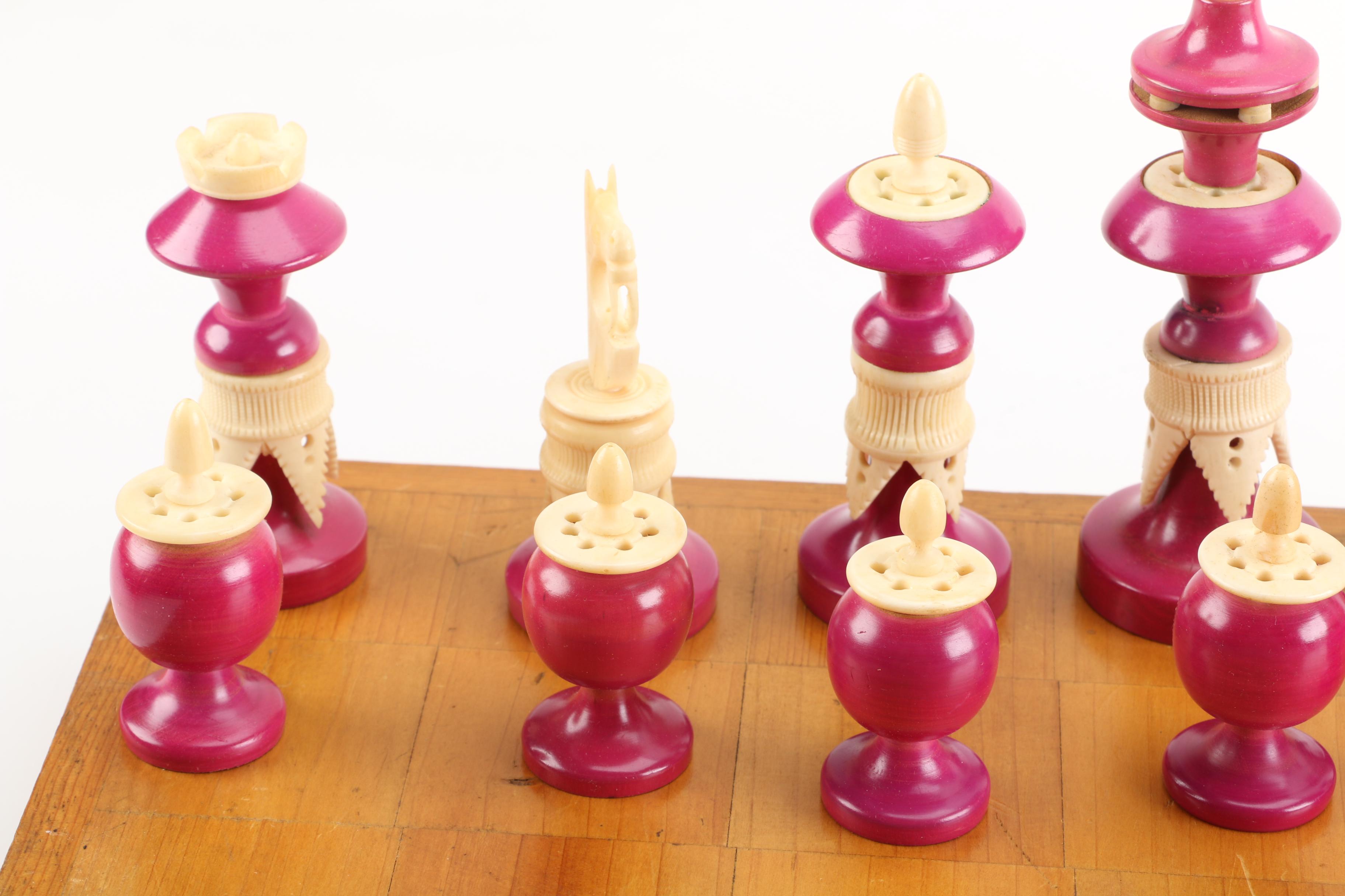 Chess Board With Carved Bone and Wood Pieces