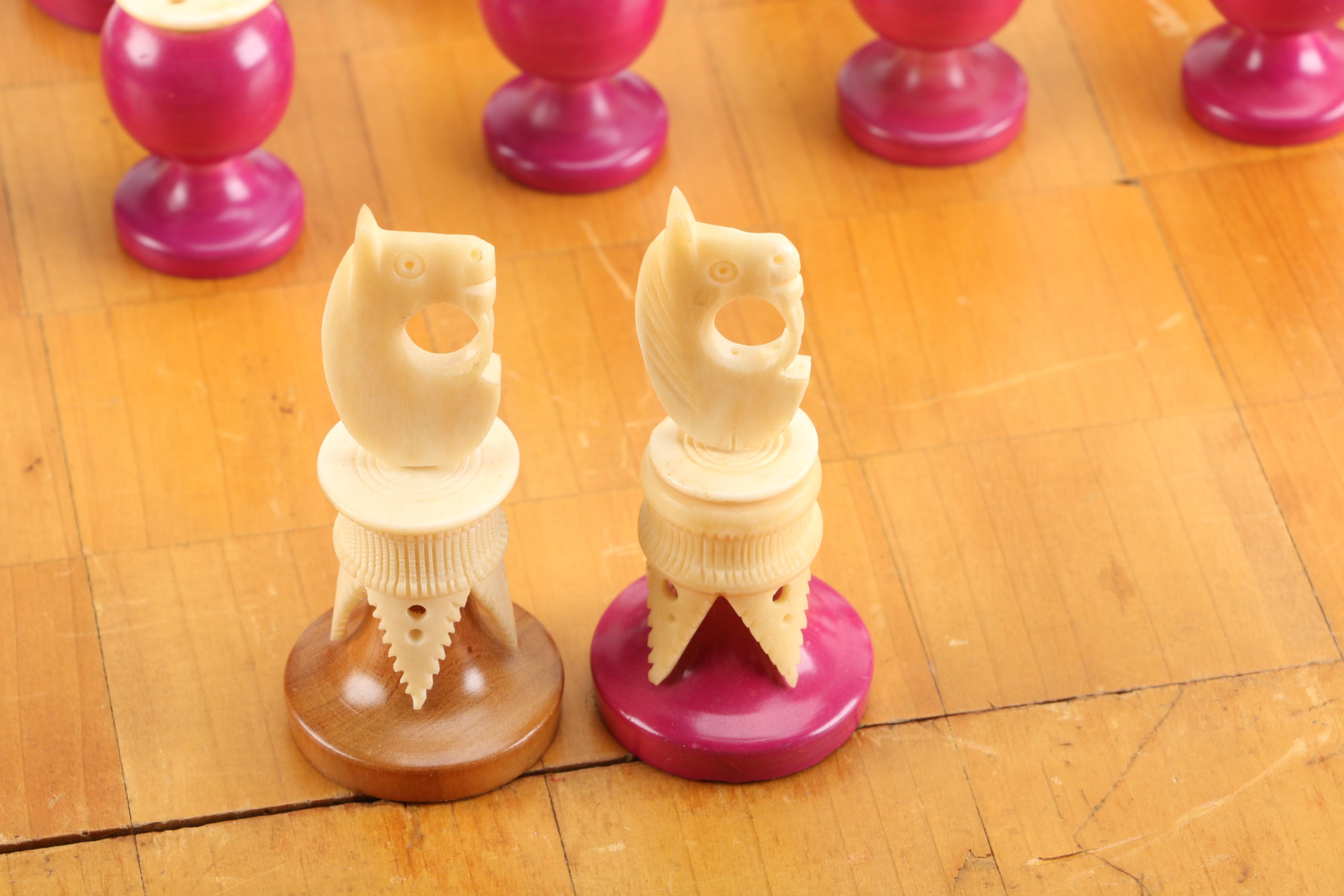 Chess Board With Carved Bone and Wood Pieces