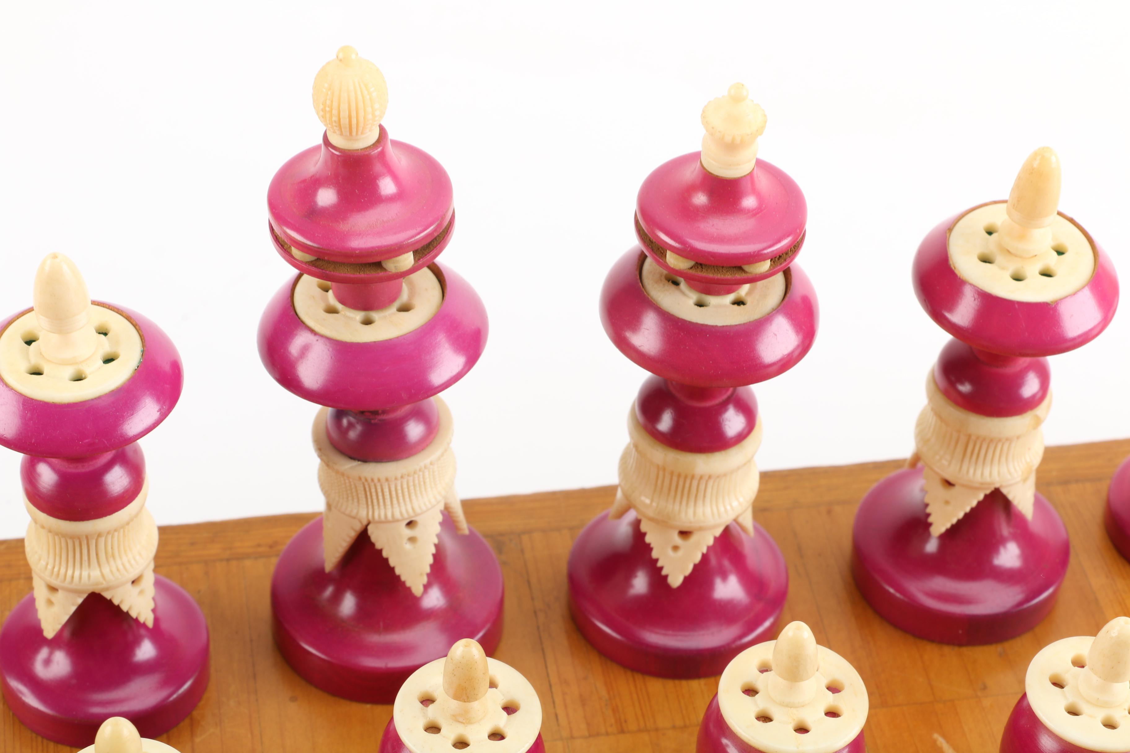 Chess Board With Carved Bone and Wood Pieces
