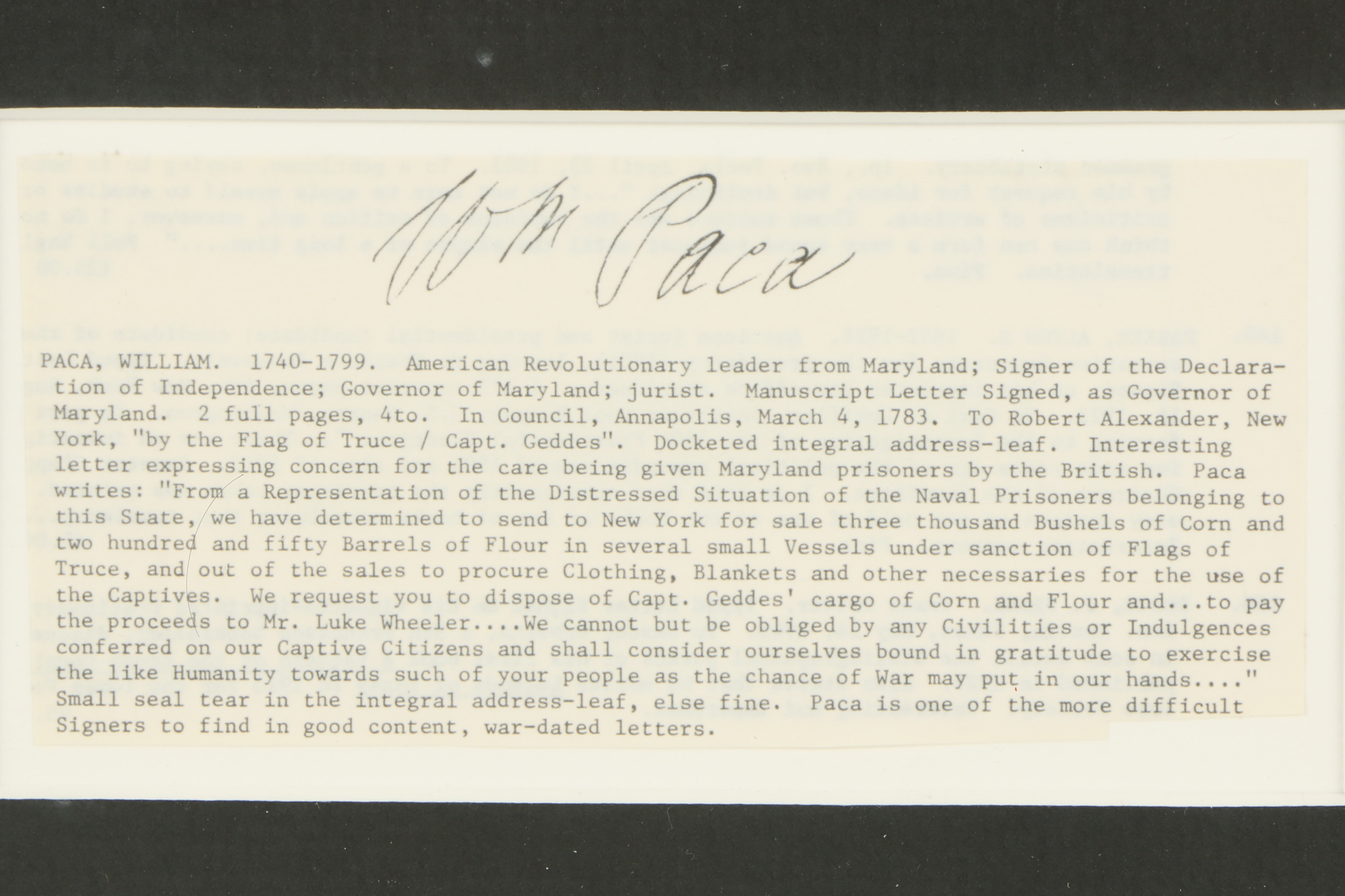 William Paca Manuscript Letter Signed March 4, 1783