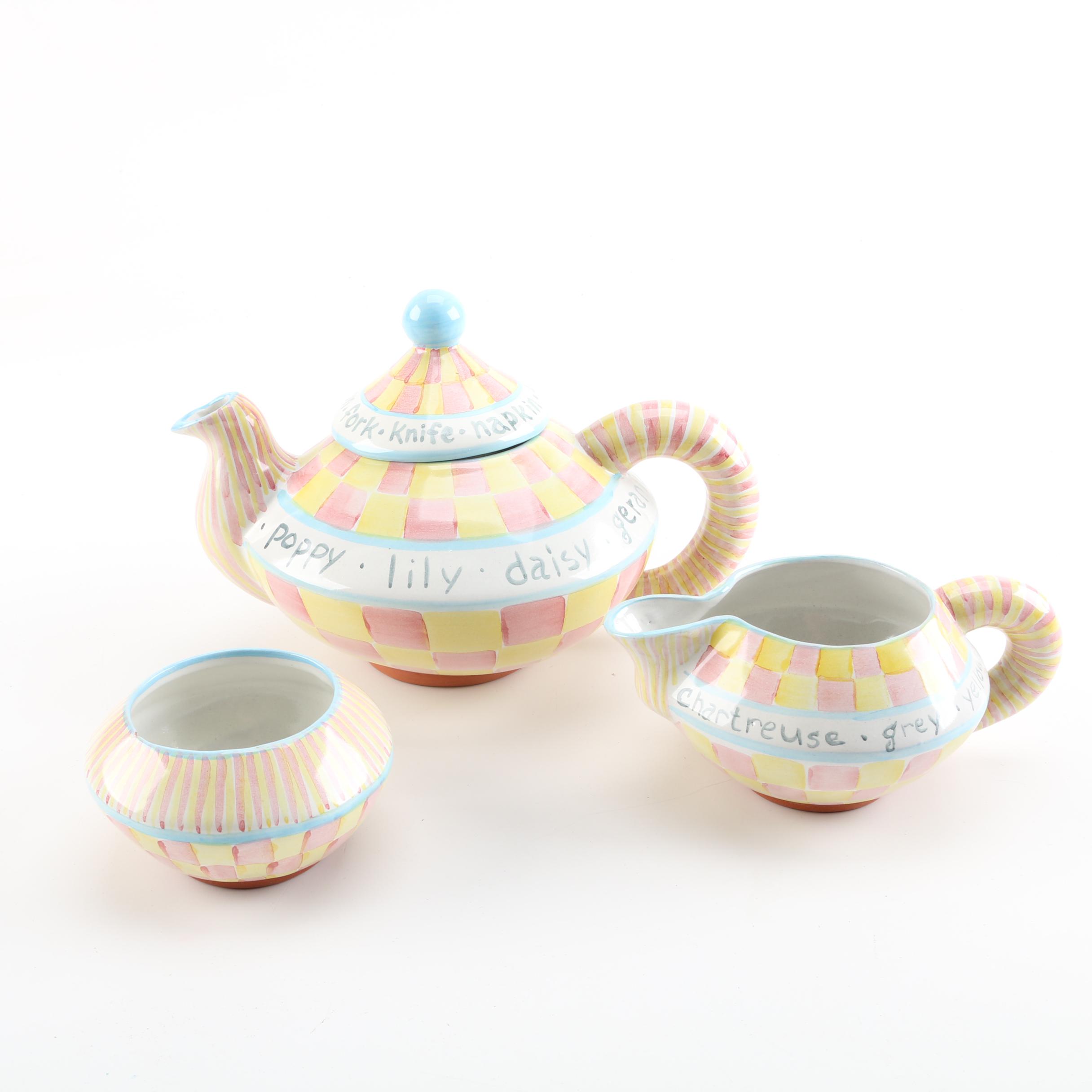MacKenzie-Childs Ceramic Teapot, Creamer, and Open Sugar Bowl