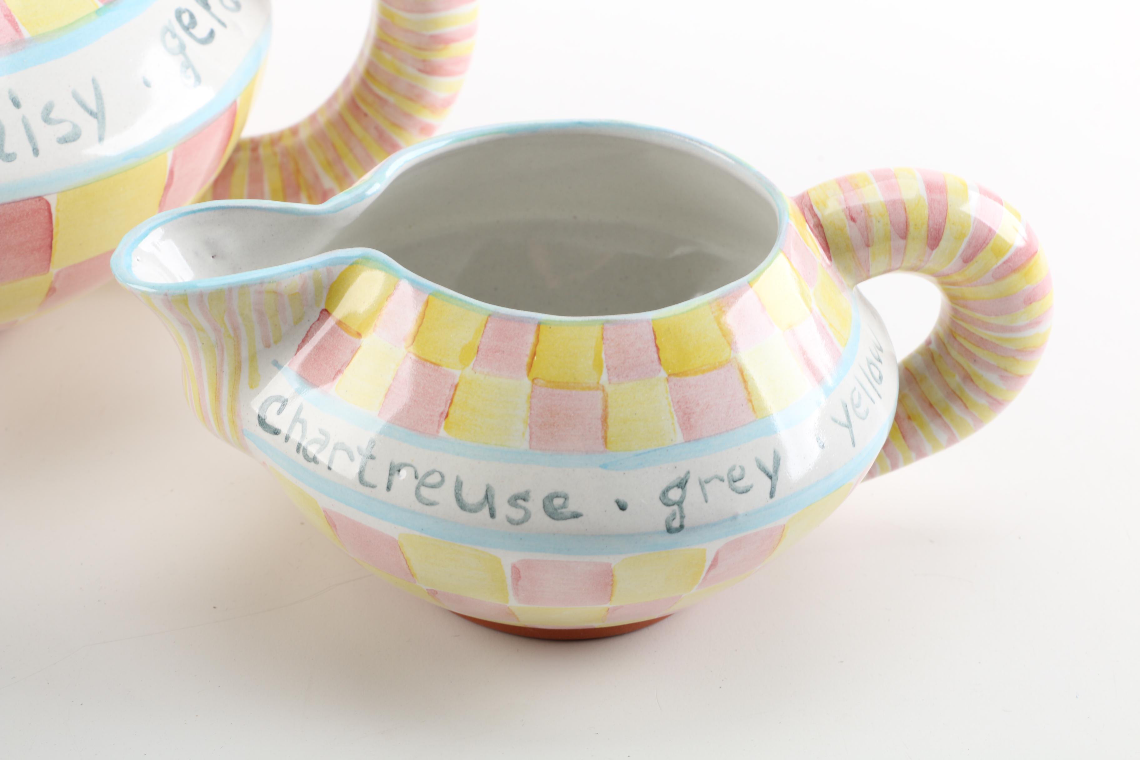 MacKenzie-Childs Ceramic Teapot, Creamer, and Open Sugar Bowl