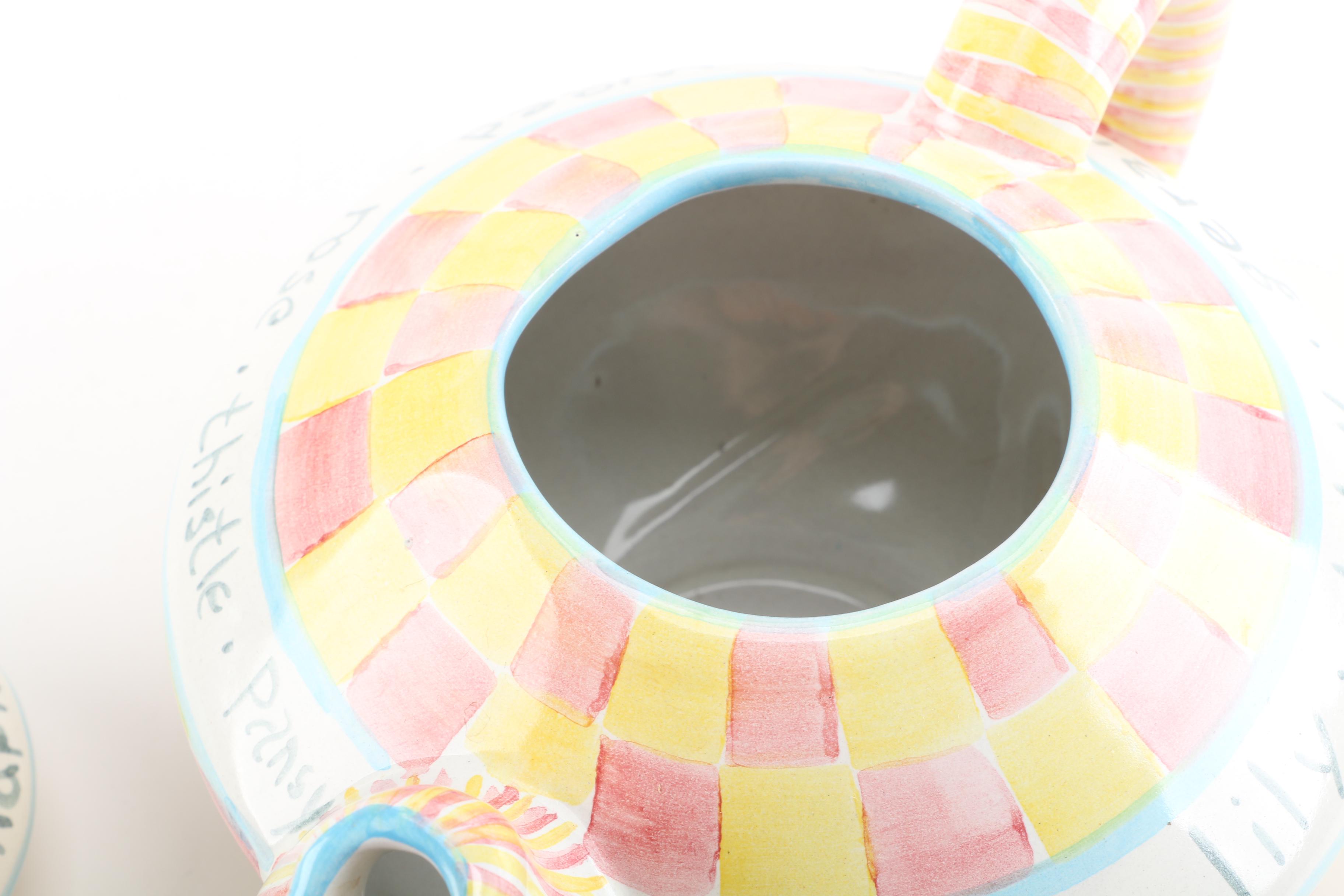 MacKenzie-Childs Ceramic Teapot, Creamer, and Open Sugar Bowl