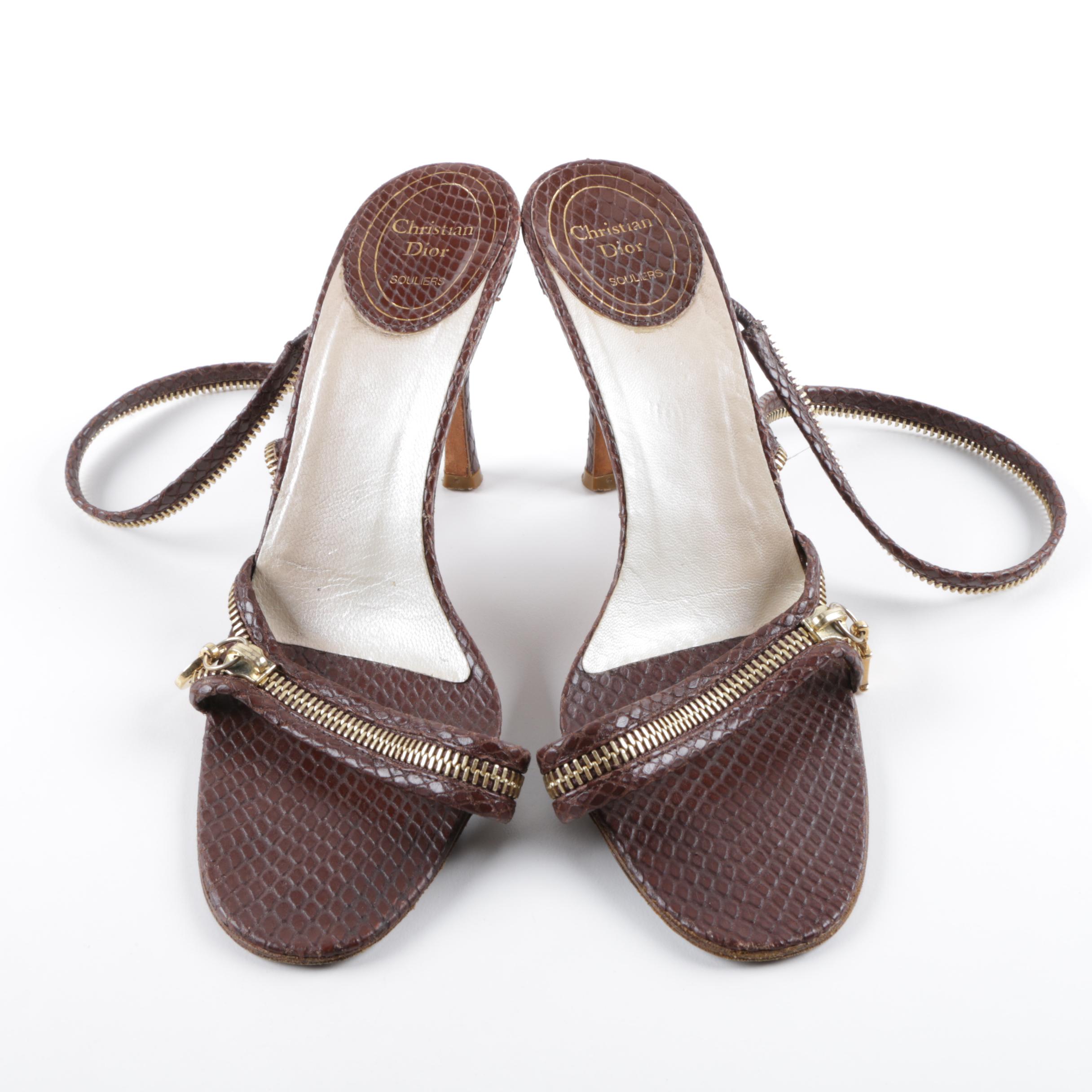 Christian Dior Souliers Brown Snakeskin Embossed Leather Zipper Dress Sandals