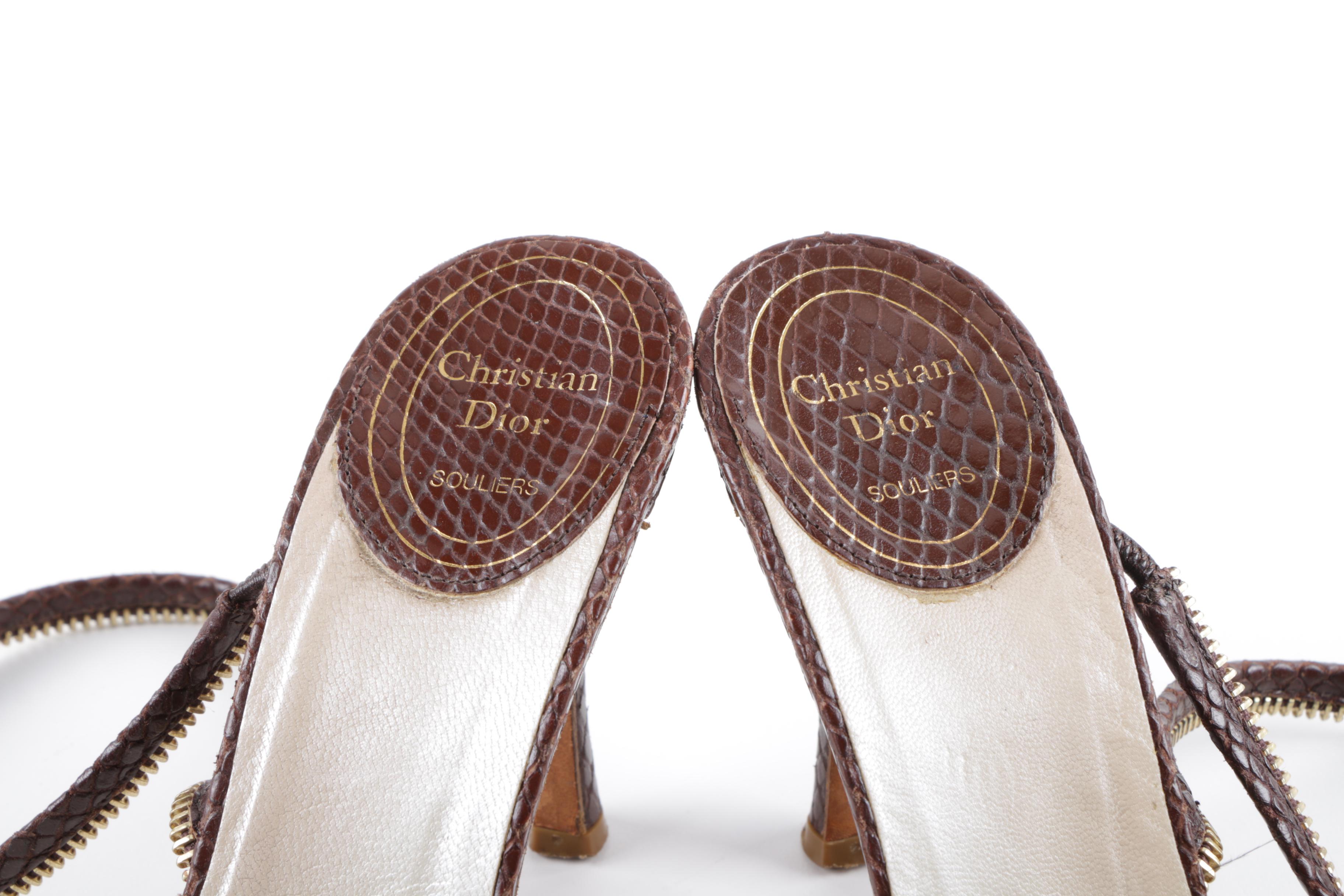 Christian Dior Souliers Brown Snakeskin Embossed Leather Zipper Dress Sandals