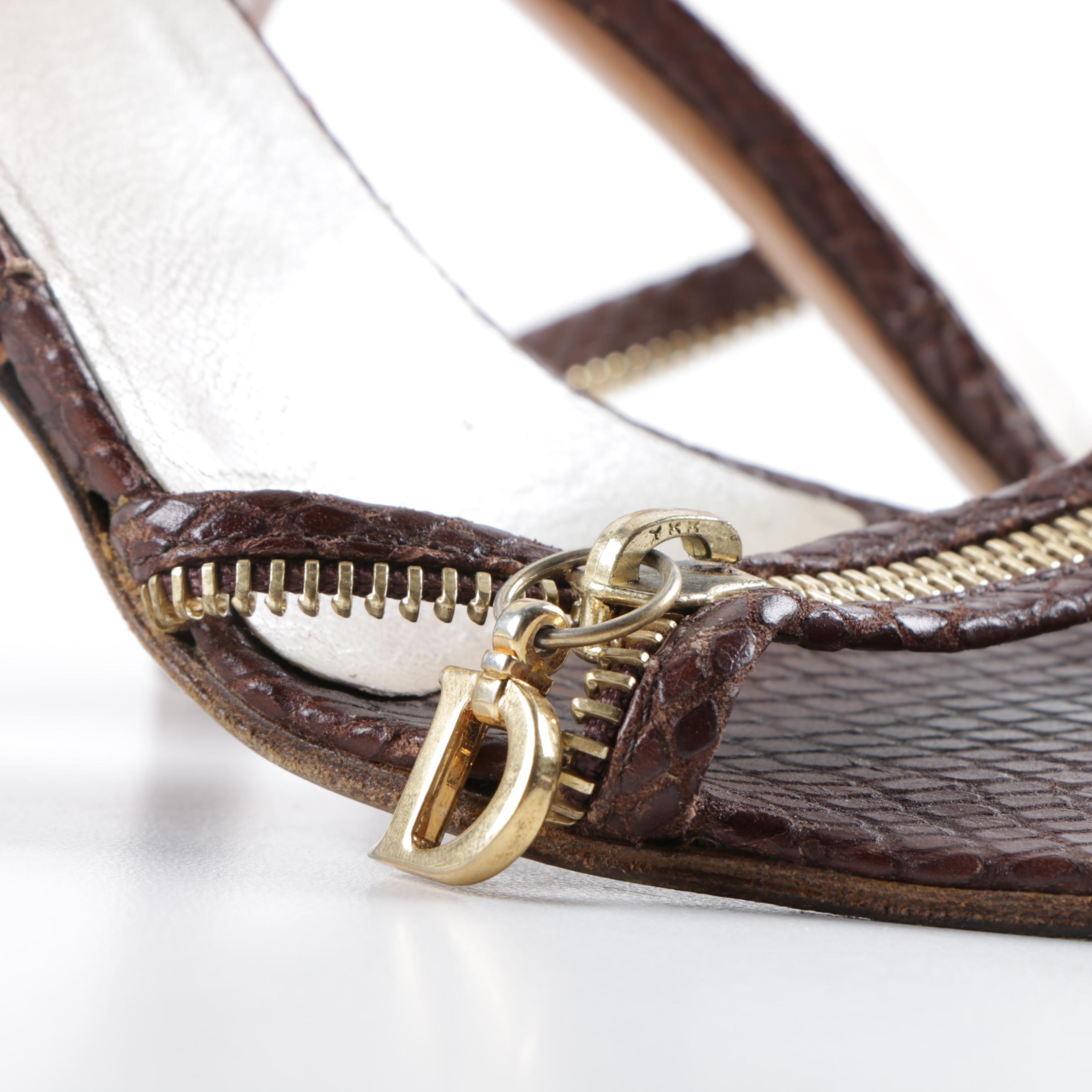 Christian Dior Souliers Brown Snakeskin Embossed Leather Zipper Dress Sandals