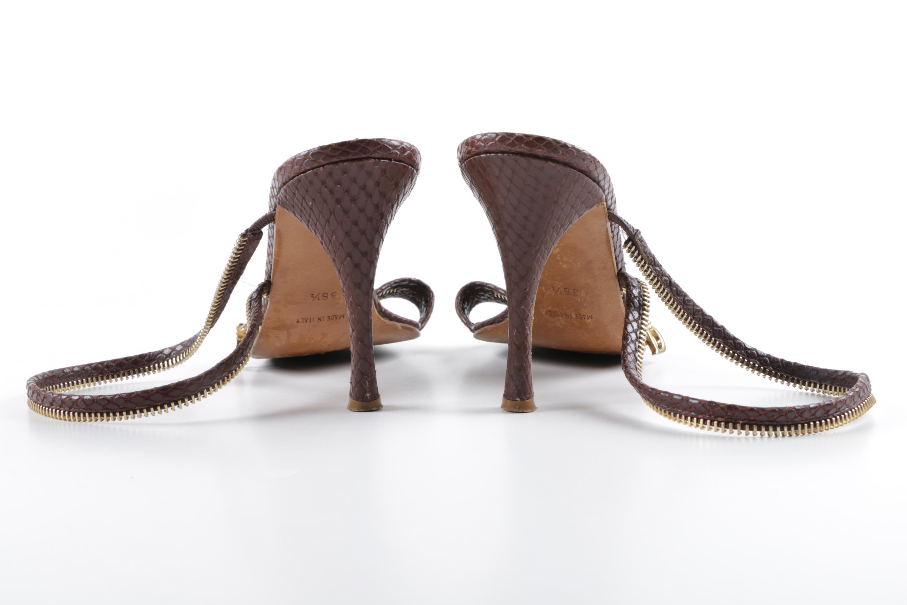 Christian Dior Souliers Brown Snakeskin Embossed Leather Zipper Dress Sandals